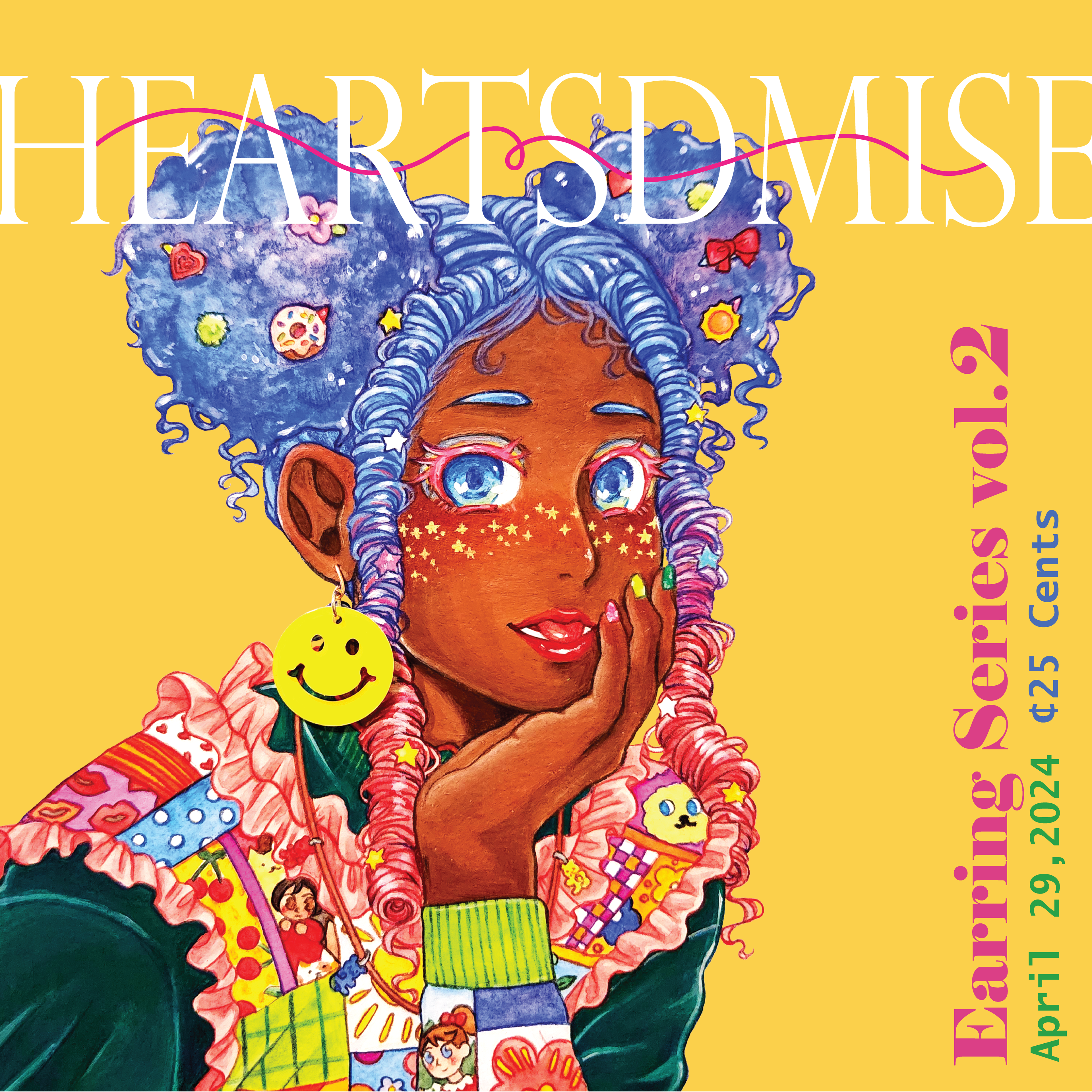 Earring Girl Series 2 Magazine Cover | Medium: Watercolor, acrylic paint, color pencil, Photoshop, Illustrator, smiley keychain