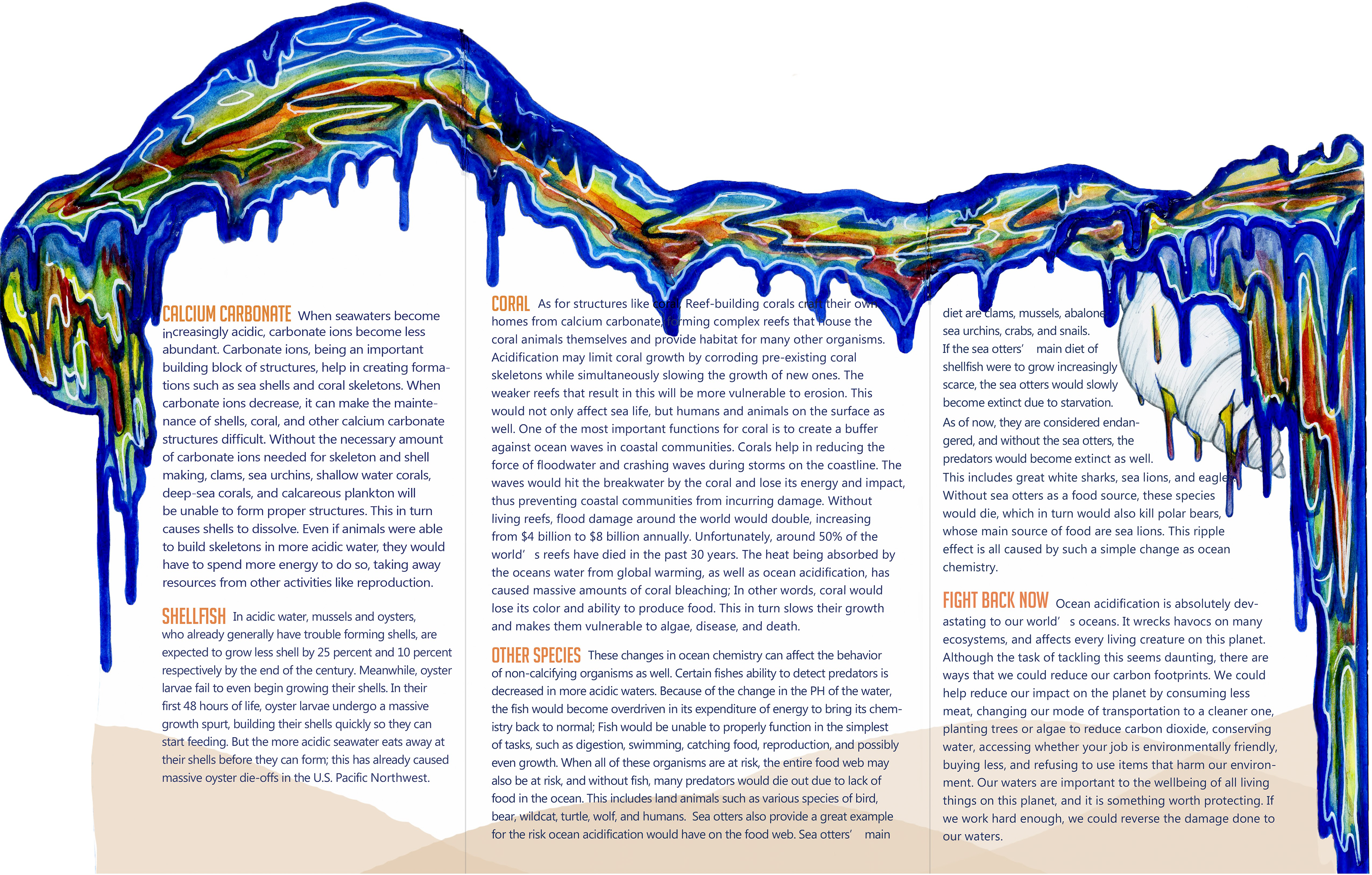 Pamphlet on Ocean Acidification / Medium: Watercolor, ink, inDesign / Communications Design / 2020