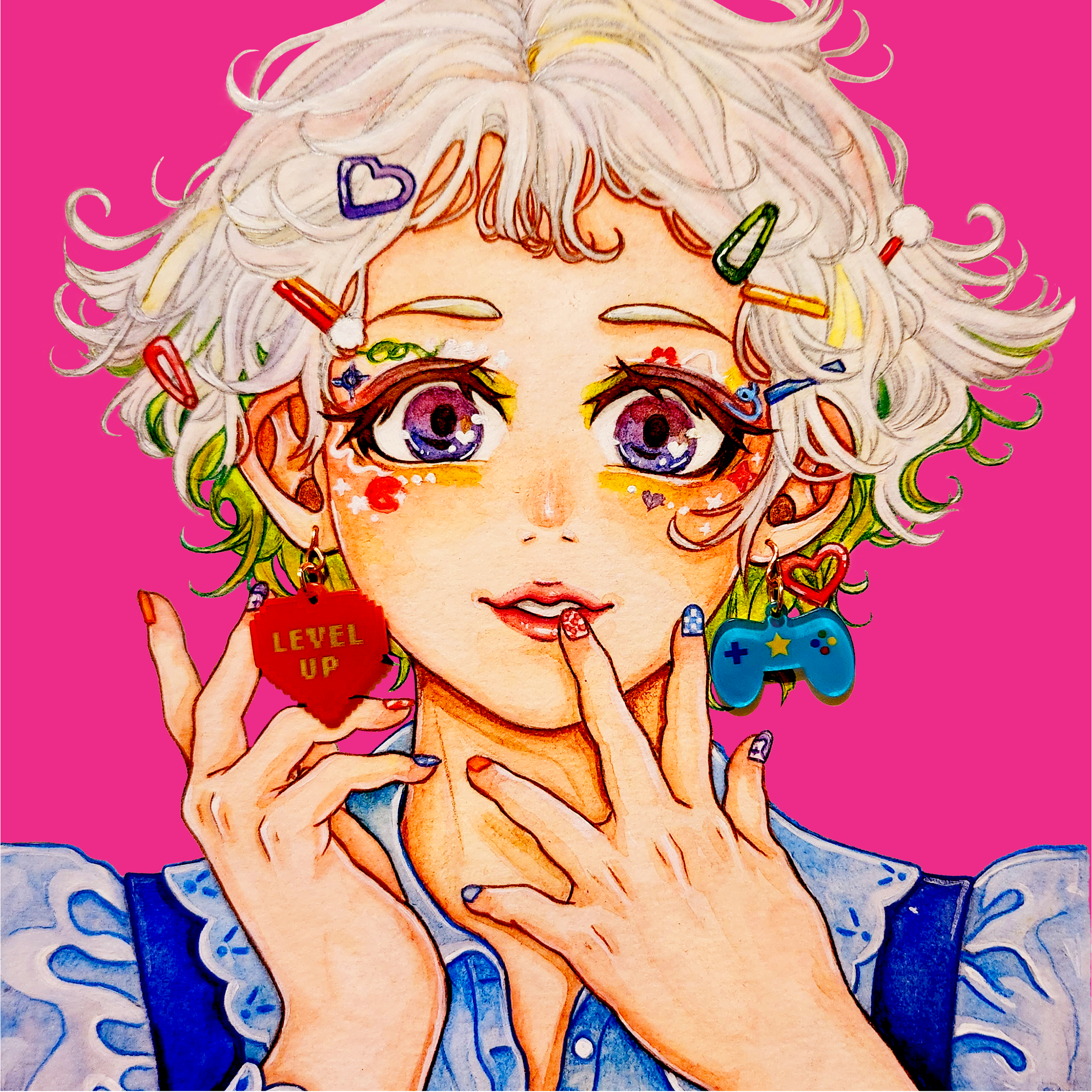Earring Girl Series 1 | Medium: Watercolor, color pencil, Photoshop, Illustrator, heart and gaming console keychain