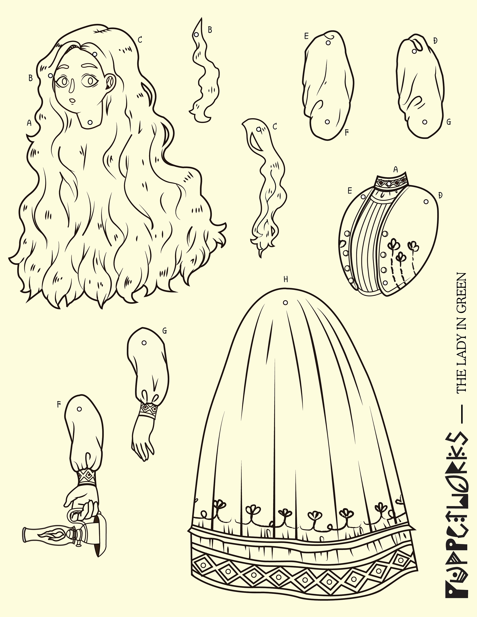 The Lady In Green - Advanced Paper Puppet / Black & White