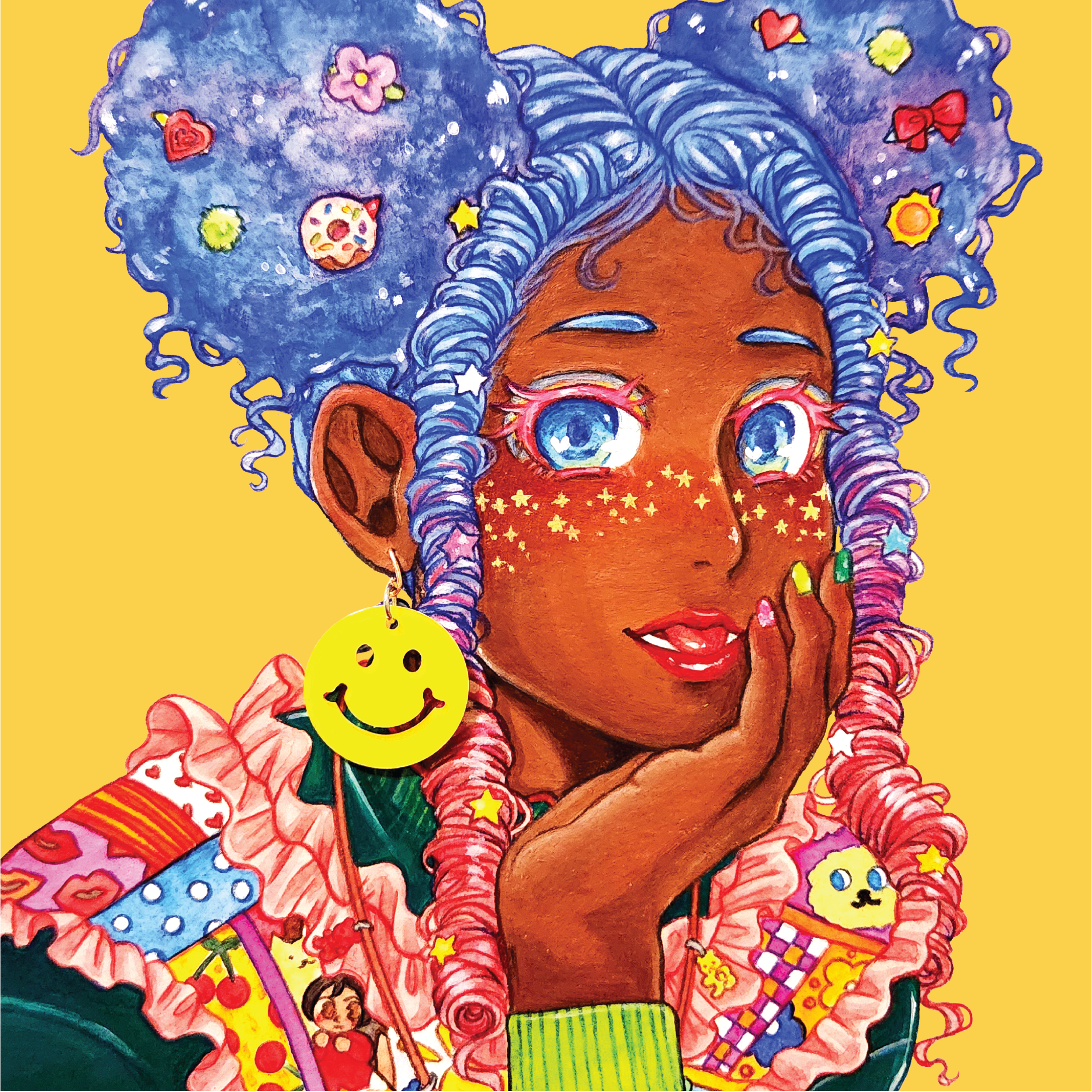 Earring Girl Series 2 | Medium: Watercolor, acrylic paint, color pencil, Photoshop, Illustrator, smiley keychain