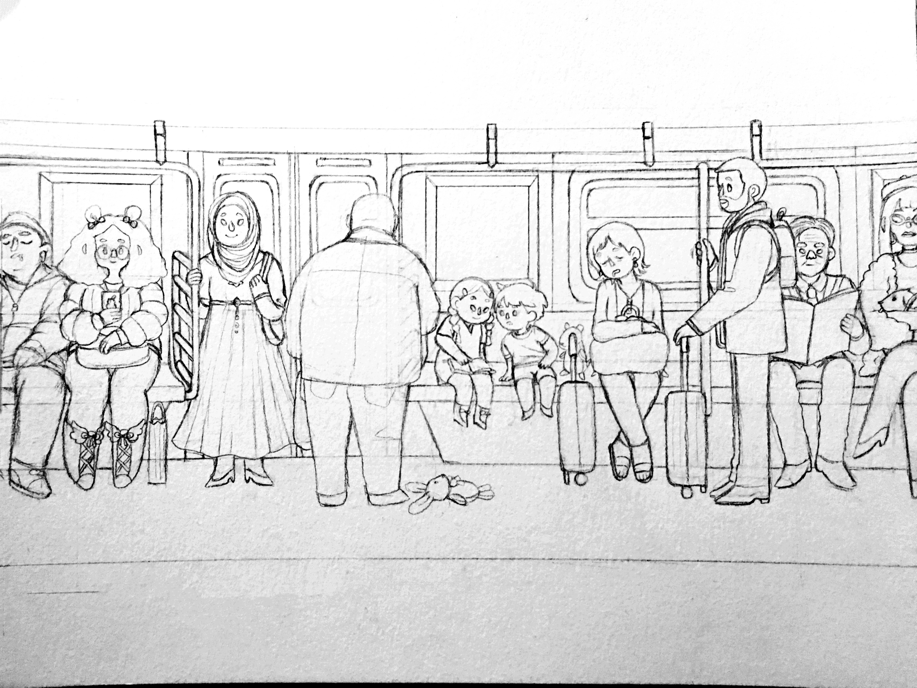 People In NYC Trains Portfolio Piece Sketch | Medium: Pencil / 2018