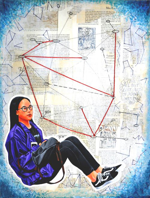 A Worded Portrait Portfolio Piece | Medium: Hardboard, Acrylic, Ink, Magazine Papier Mache, String / 2018