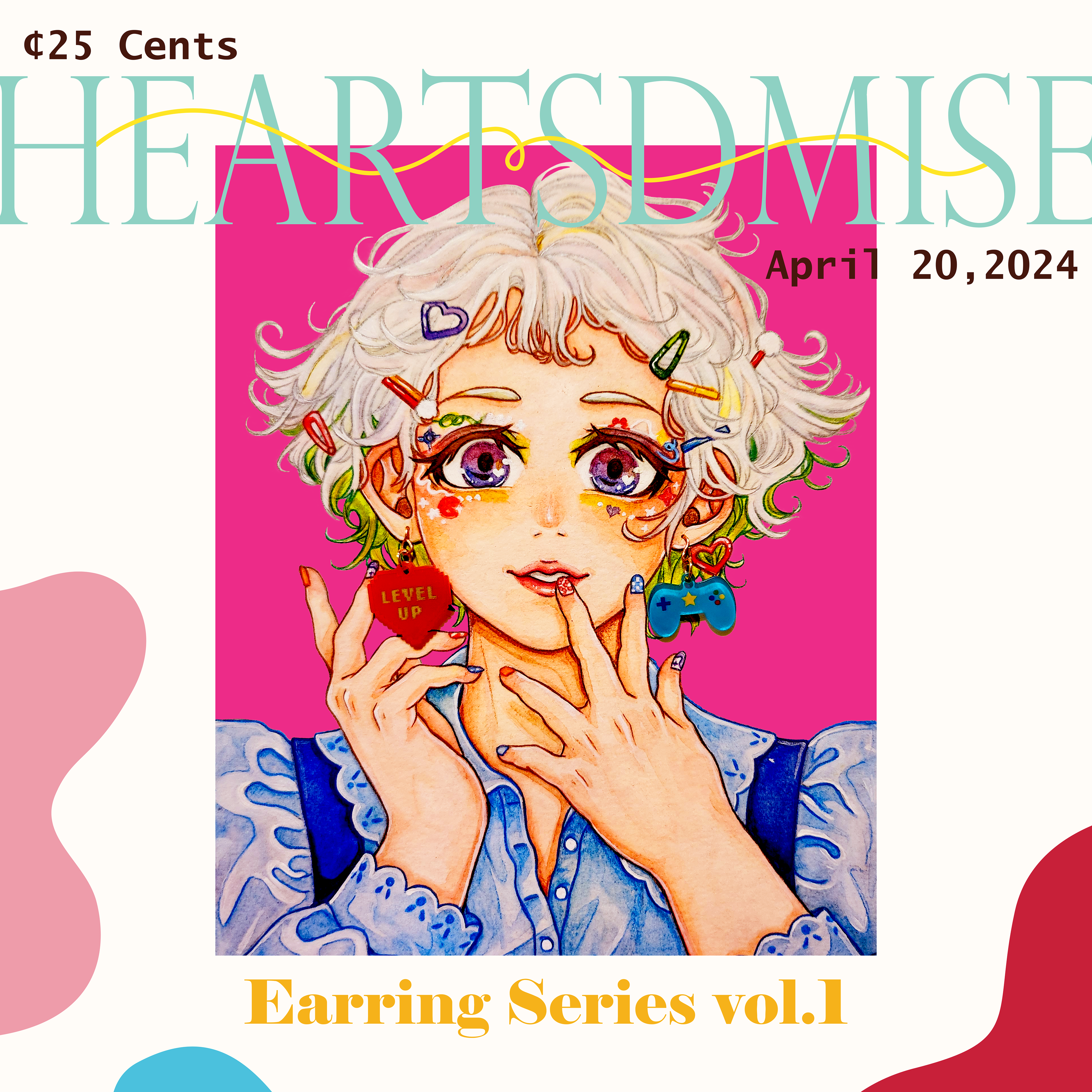 Earring Girl Series 1 Magazine Cover | Medium: Watercolor, color pencil, Photoshop, Illustrator, heart and gaming console keychain