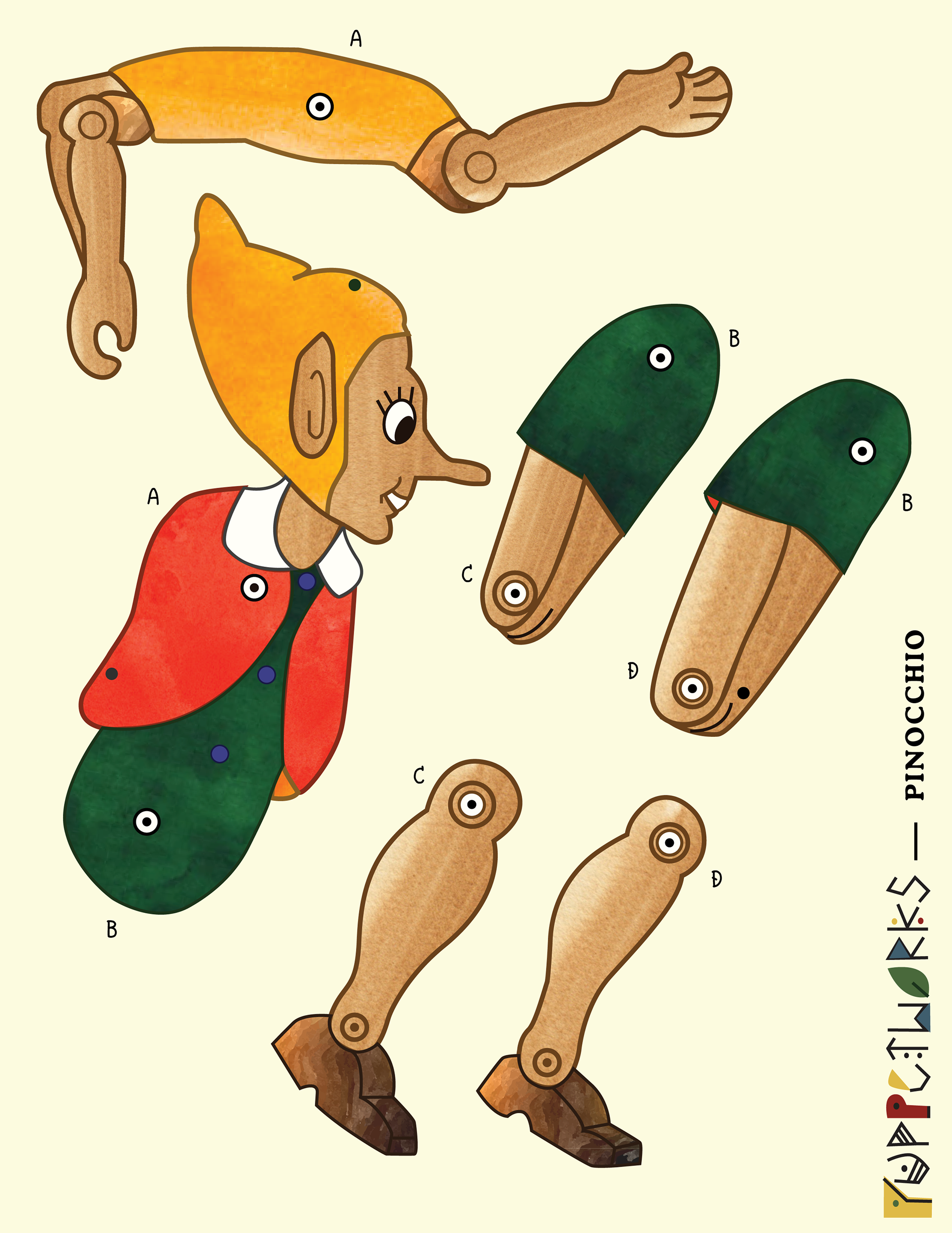 Pinocchio - Intermediate Paper Puppet / Colored (Original design from Puppetworks)