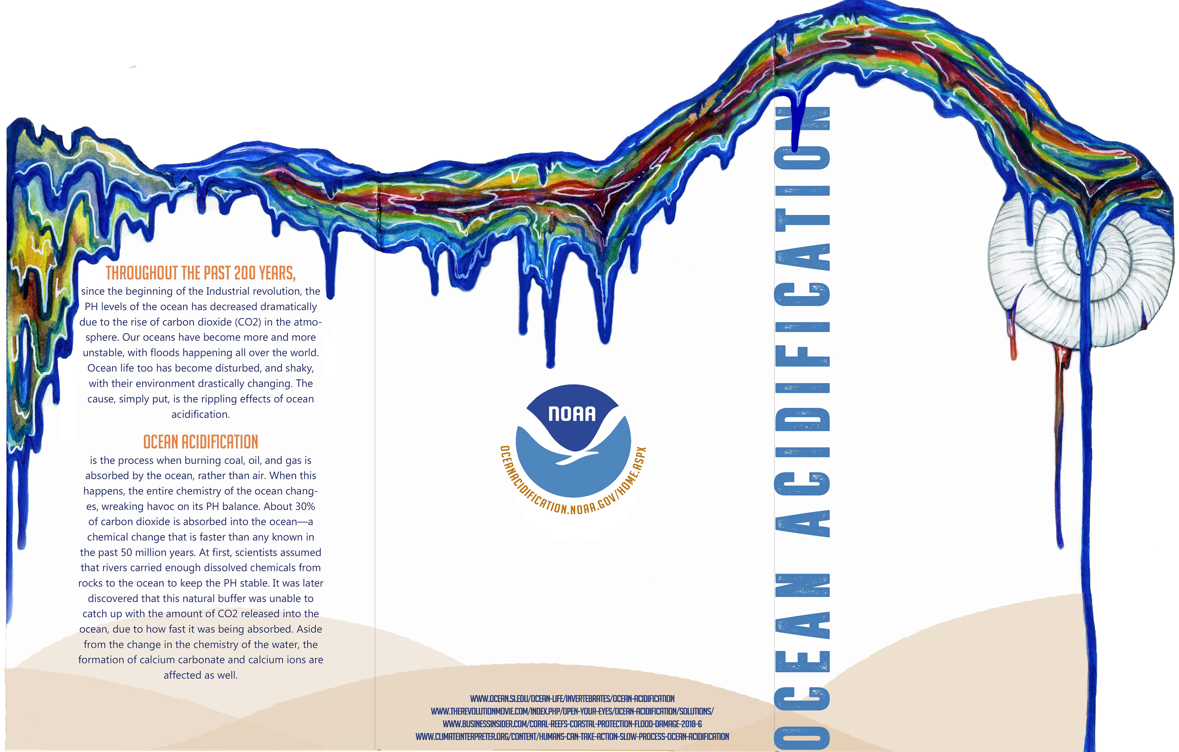 Pamphlet on Ocean Acidification Opened 1 / Medium: Watercolor, ink, inDesign / Communications Design / 2020