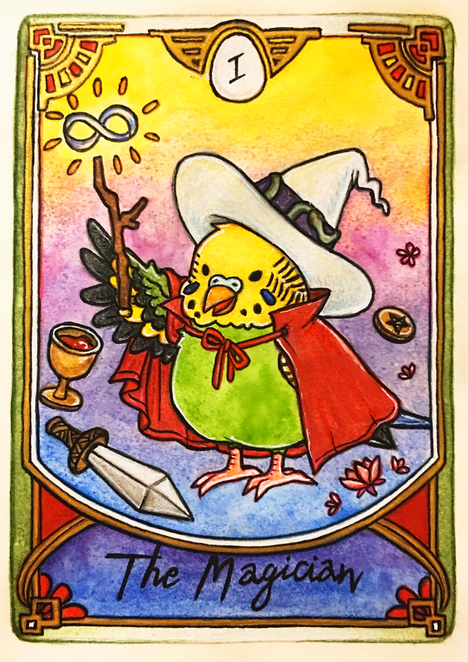 Tarot Card Drawing Of My Budgie, Pear | Medium: Pencil, watercolor, color pencil