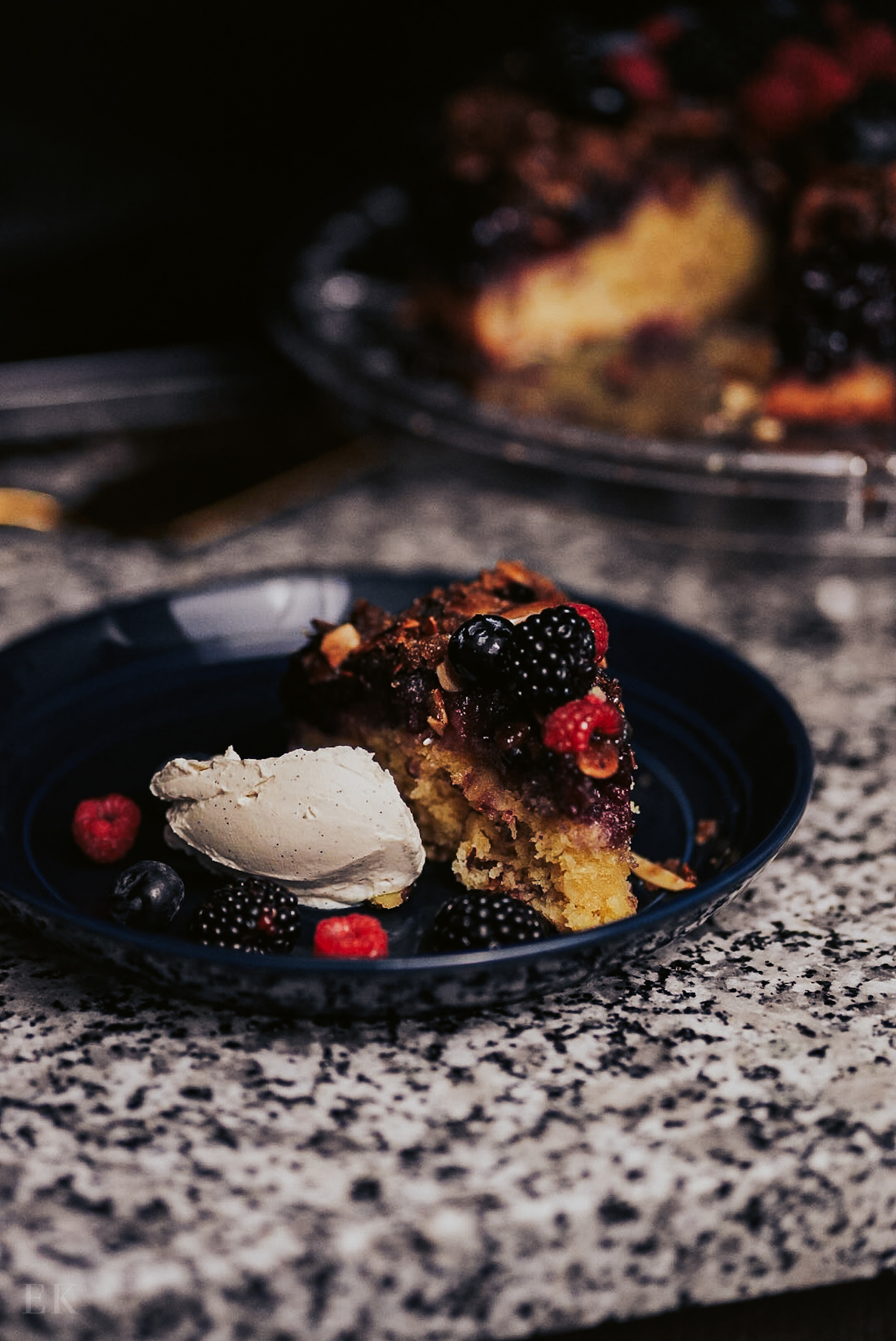 Mixed Berry Almond Upside Down Cake w/ Vanilla Bean Whip
