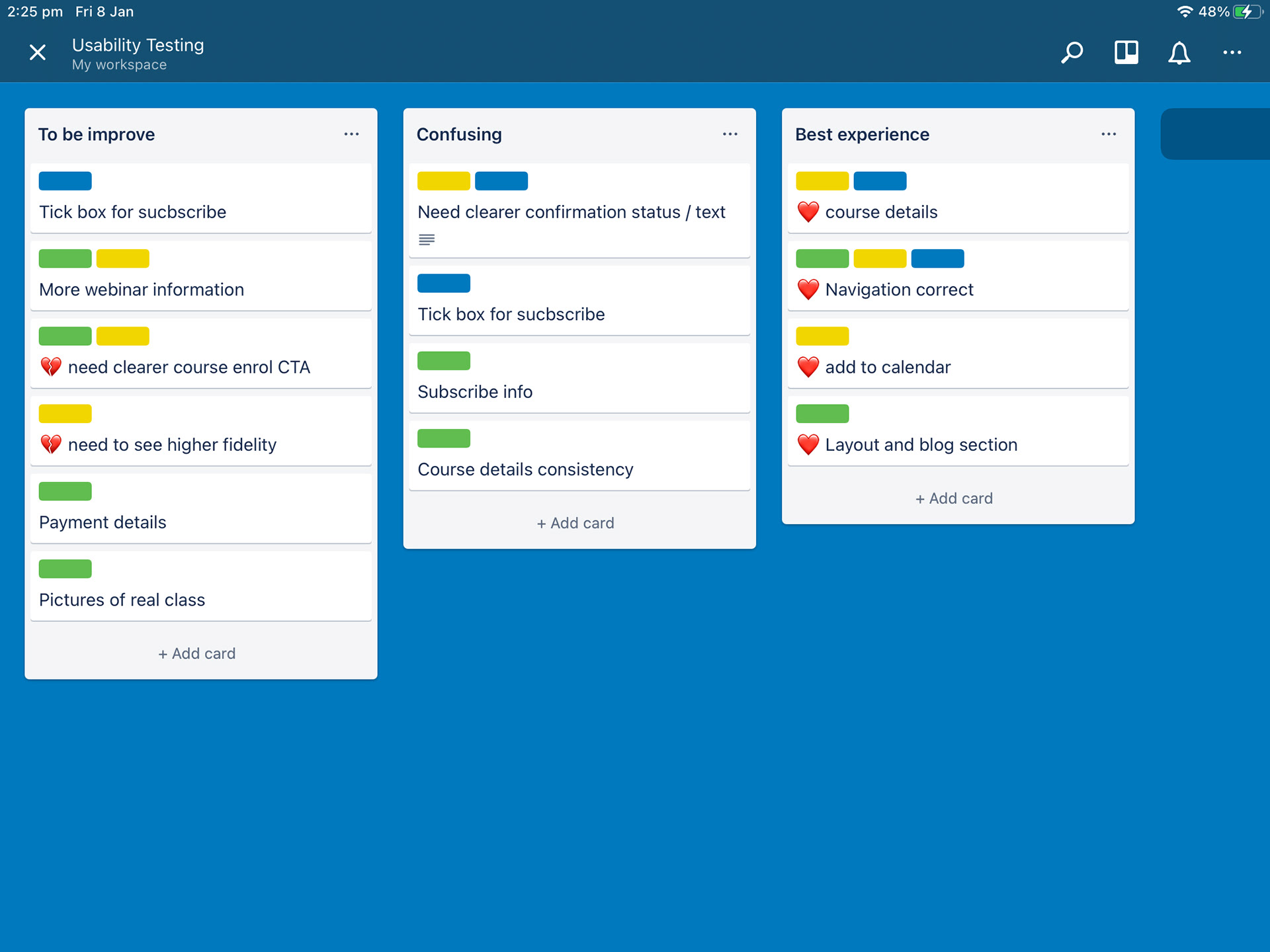 Affinity board of usability testing