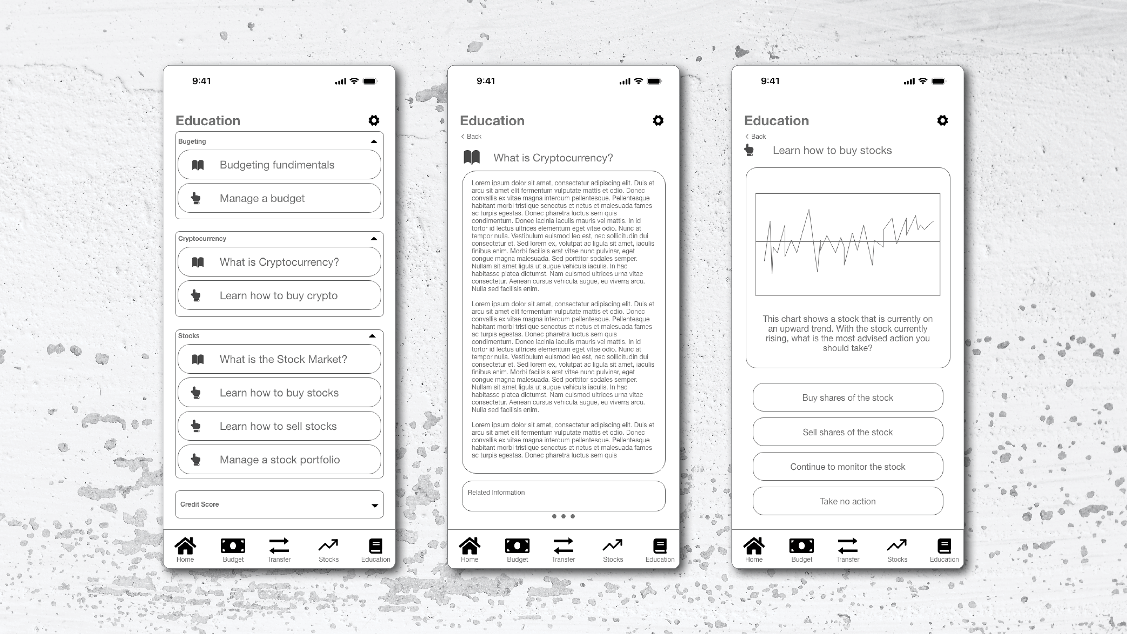 The image displays three mobile app screen wireframe designs focused on financial education. The first screen shows categories for topics like budgeting, cryptocurrency, stocks, and credit scores. The second screen details the topic "What is Cryptocurrency?" with a placeholder article. The third screen presents a stock trend chart with options for the user to decide on actions related to buying or selling stocks.