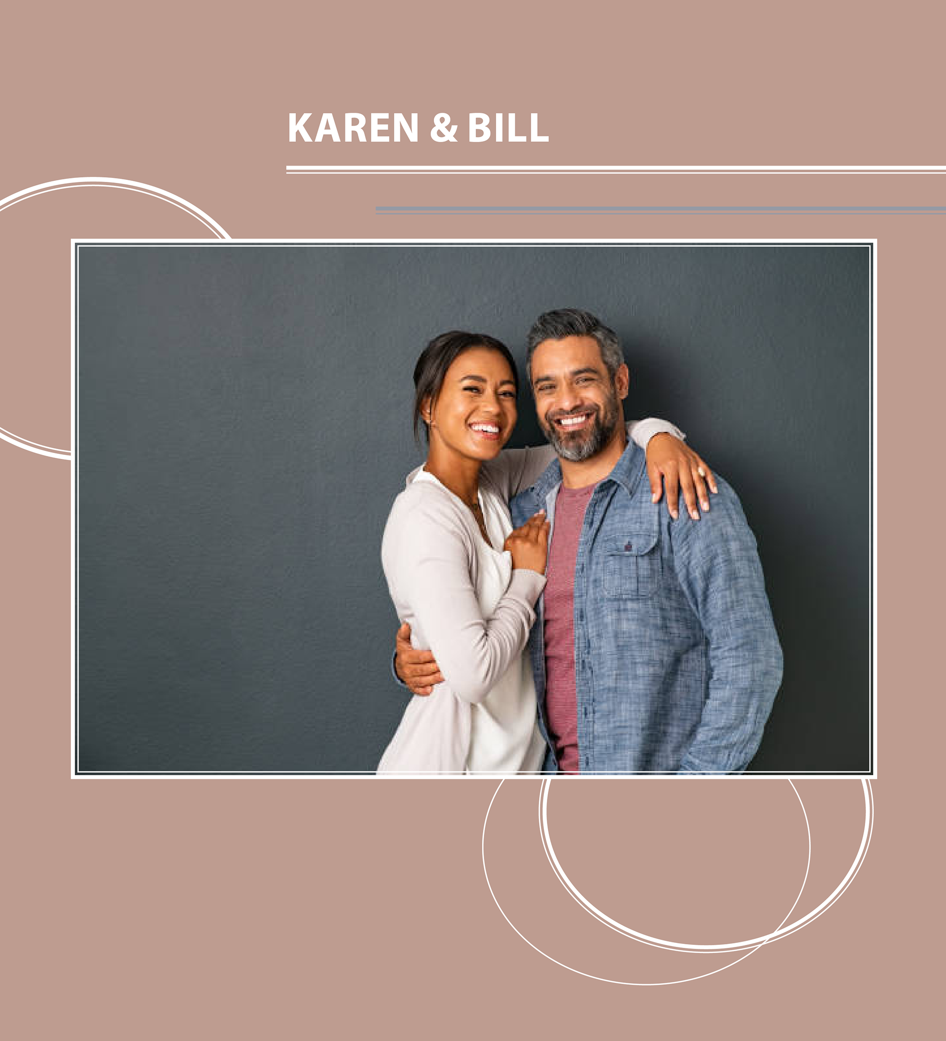 A smiling couple stands close together against a dark background. The woman, dressed in a light-colored cardigan, wraps her arm around the man. He wears a blue button-up shirt over a red t-shirt with his arm wrapped around her waist. Both are looking at the camera with warm expressions.