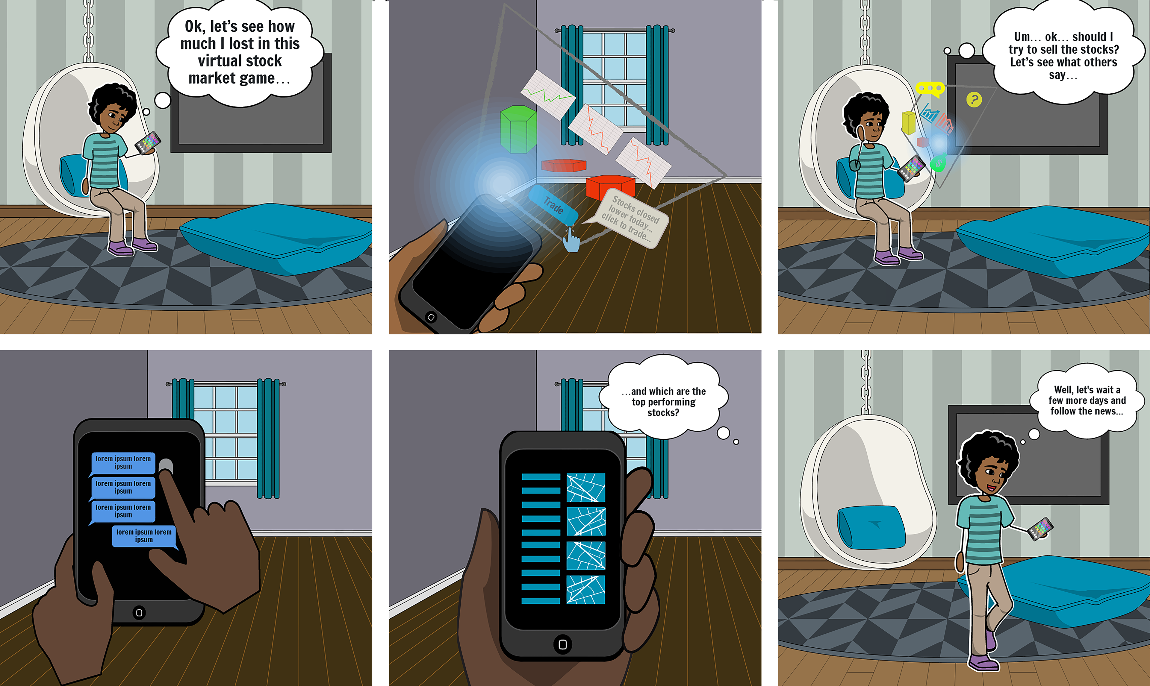 A comic strip picture. Animated Persona 1 character uses the Cache application to learn about finance and practice playing virtual market games.