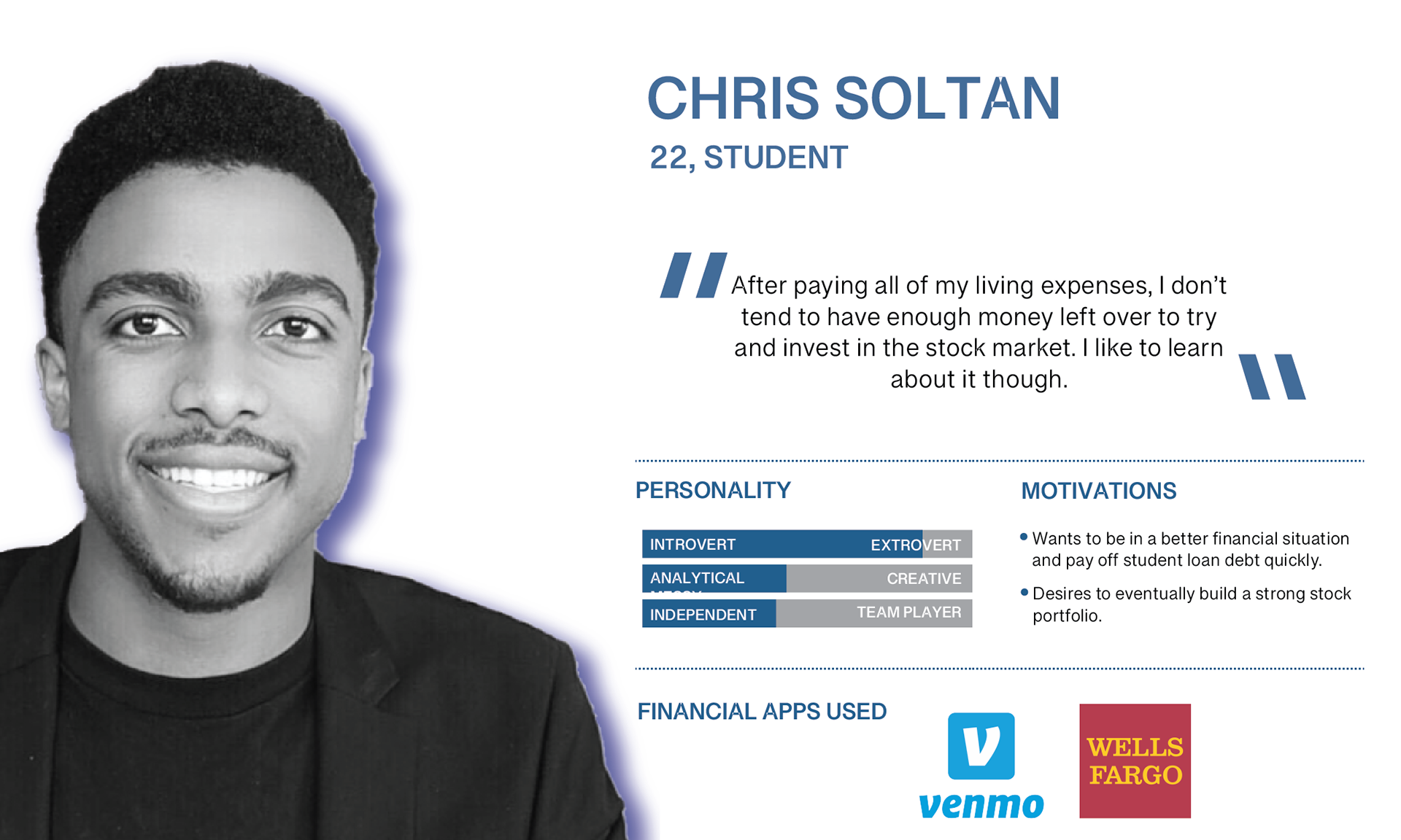 A picture of a young African American man. The picture contains text that describes his personality characteristics and motivations.