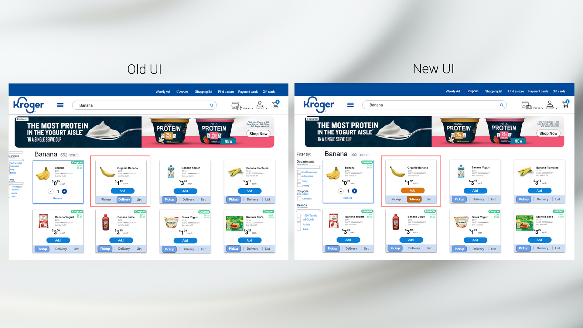 The image compares the old and new interfaces, both displaying search results for items like bananas, banana yogurt, and banana juice. The primary difference is the visual design of the buttons, such as the Add and Delivery buttons, which are orange in the new interface.
