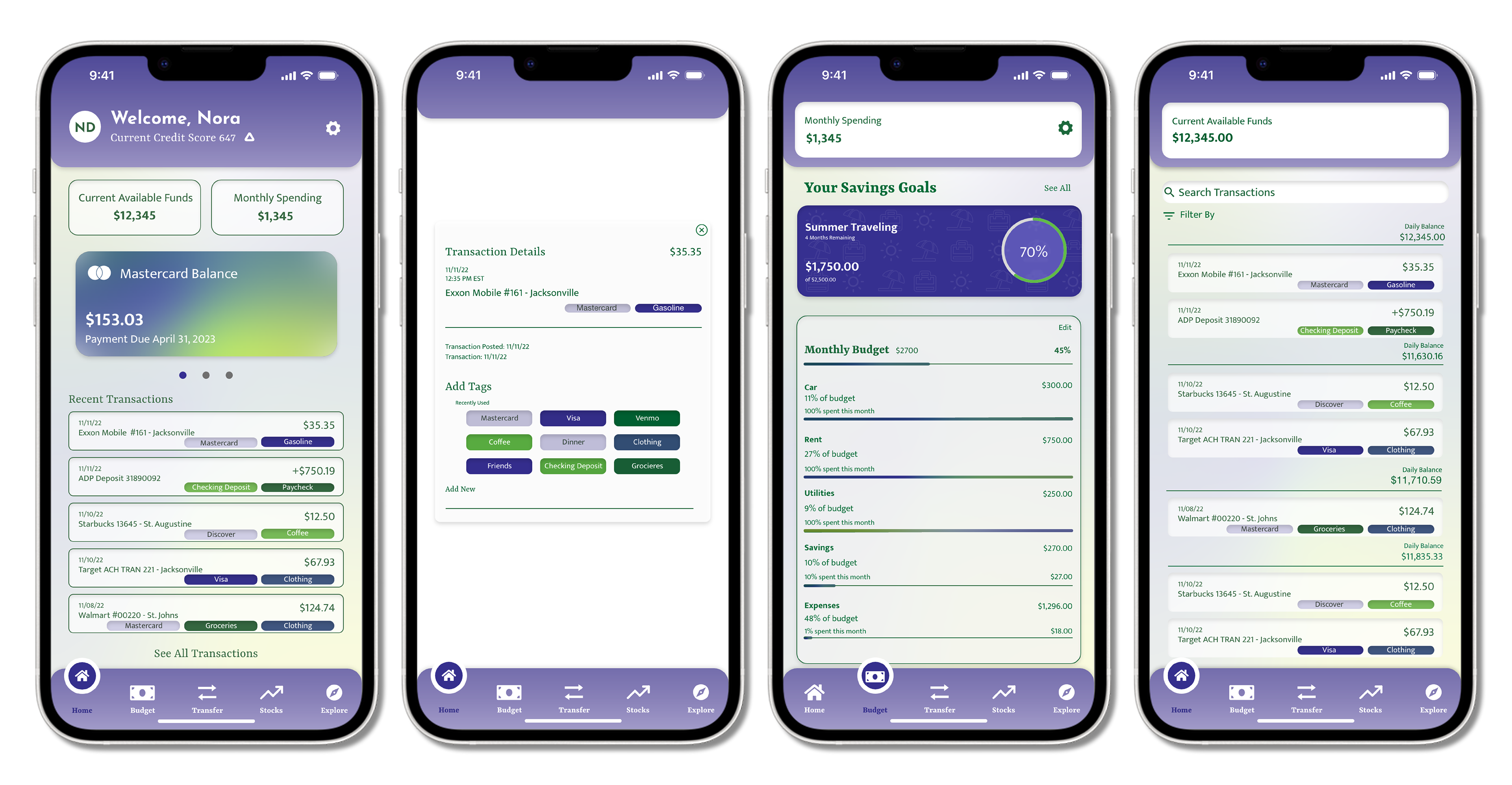 High-fidelity prototype of a financial app budgeting screens displaying four different mobile screens. The first dashboard shows current credit scores, available funds, and recent transactions. The second screen displays transaction details. The third screen highlights savings goals and a monthly budget breakdown by category. The fourth screen focuses on the transaction history with a search bar, allowing users to scroll and view further details.