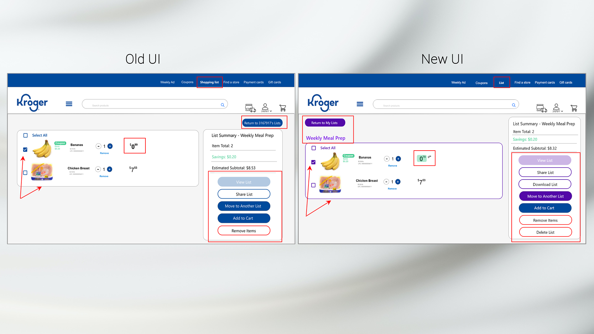 Old and new interfaces for the shopping list feature. The new interface has additional buttons such as downloading and deleting the list accessible quickly under the list summary column.