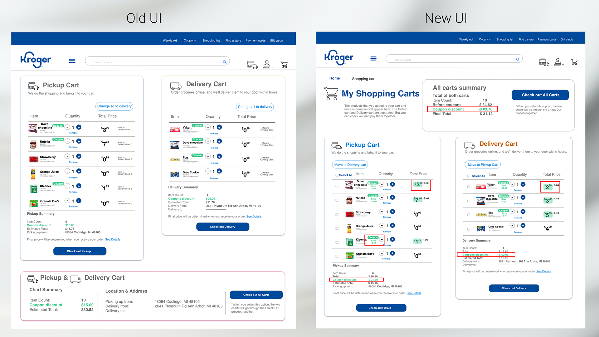 The image shows the old and new interfaces next to each other, highlighting improvements in the new interface. Specifically, it displays the coupon discount total and the item's discounted price.