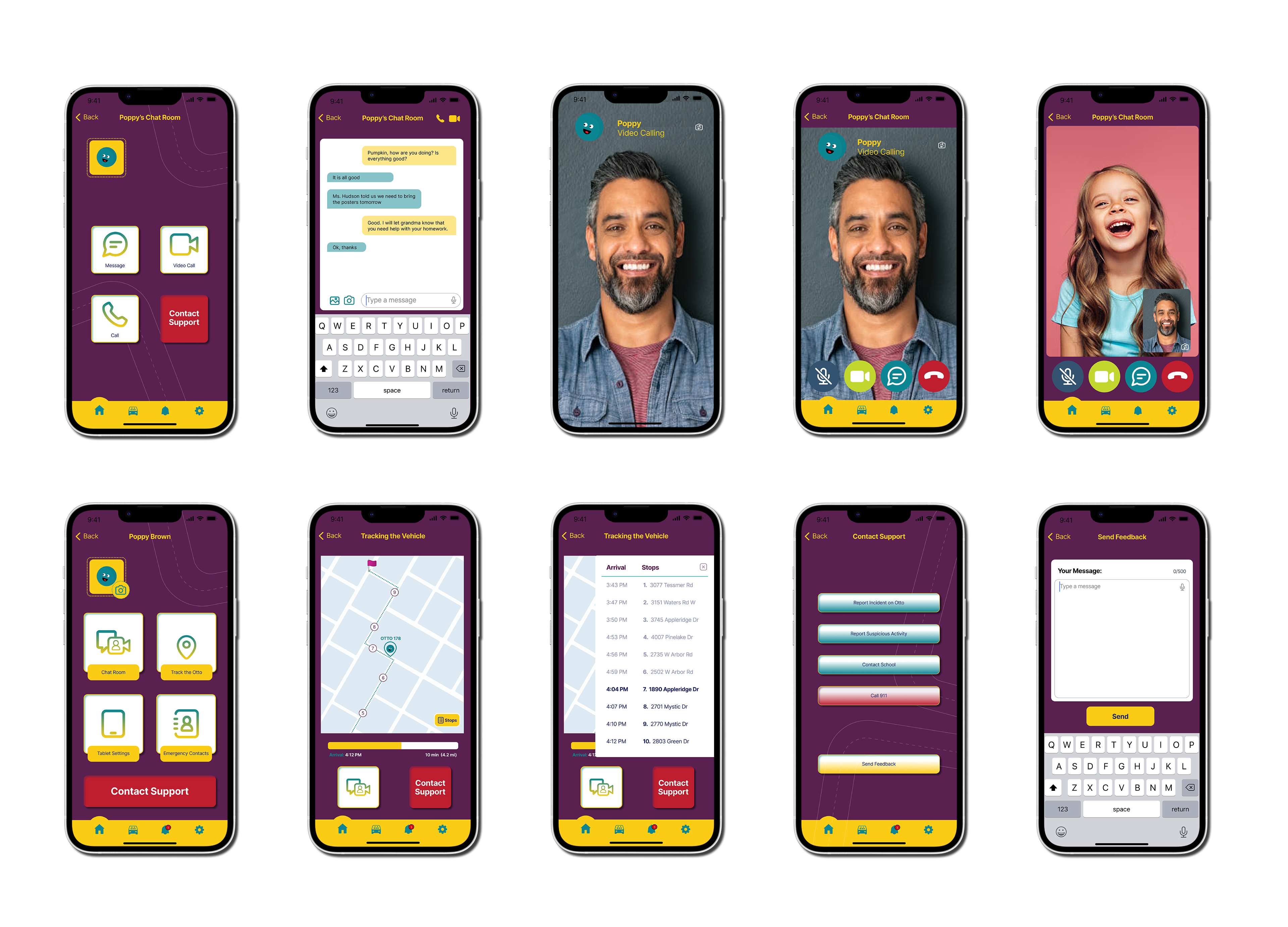 High-fidelity prototype of a mobile app showing messaging, video calling, progress monitoring, and feedback screens.