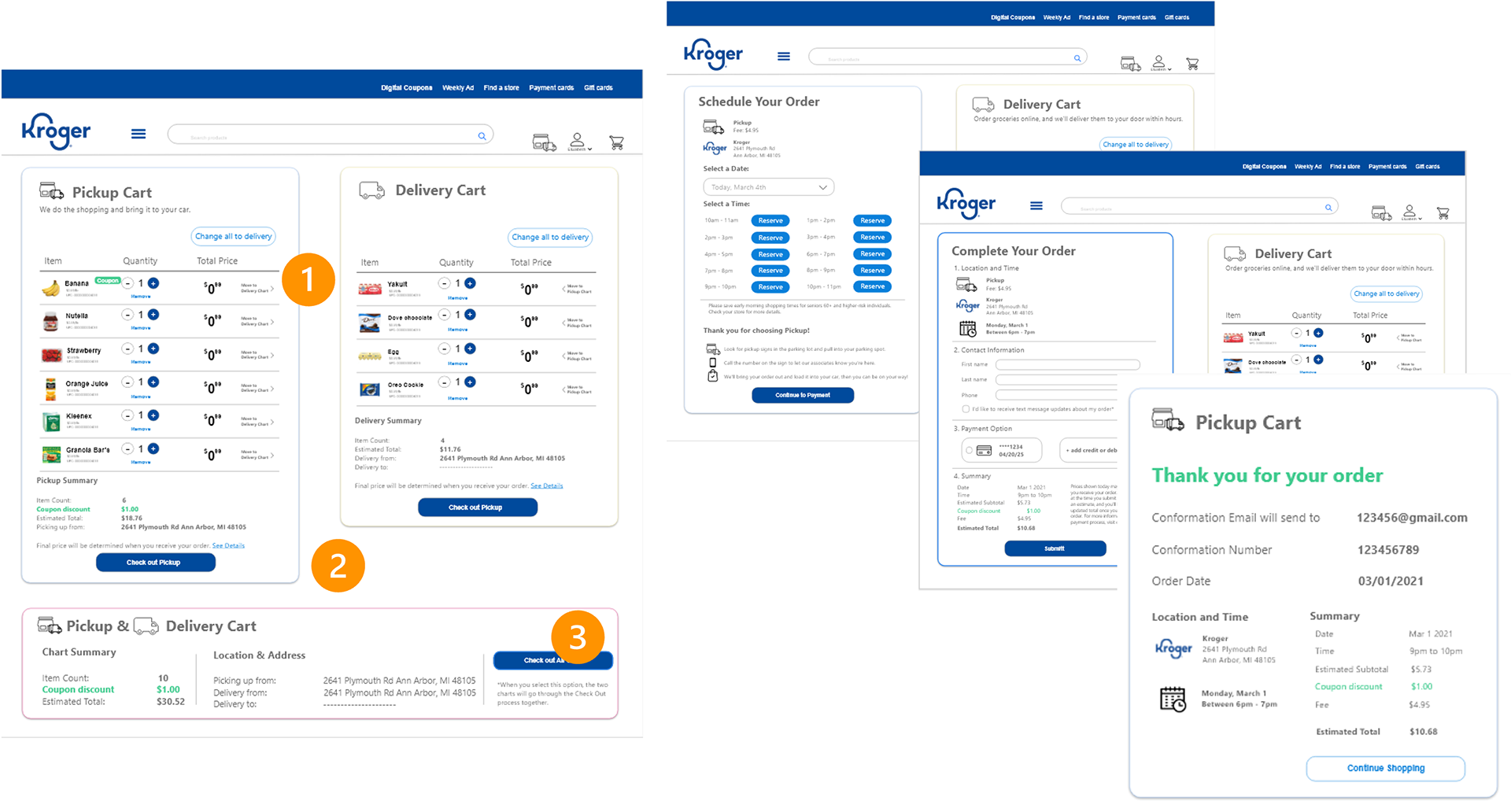 Series of design mockups for an online grocery shopping platform showing how the new designs allow to move items between carts.