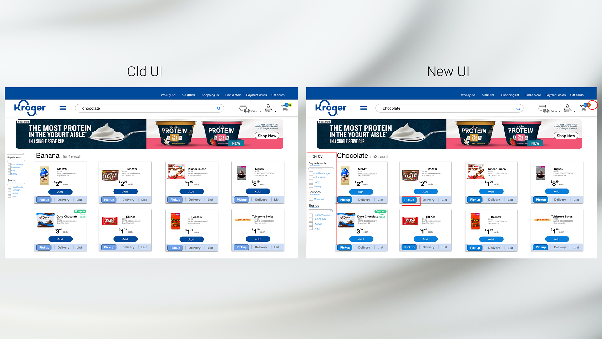 The old and new prototype screens are displayed side by side. The new interface includes additional functionality for filtering and searching specific coupon-eligible items.