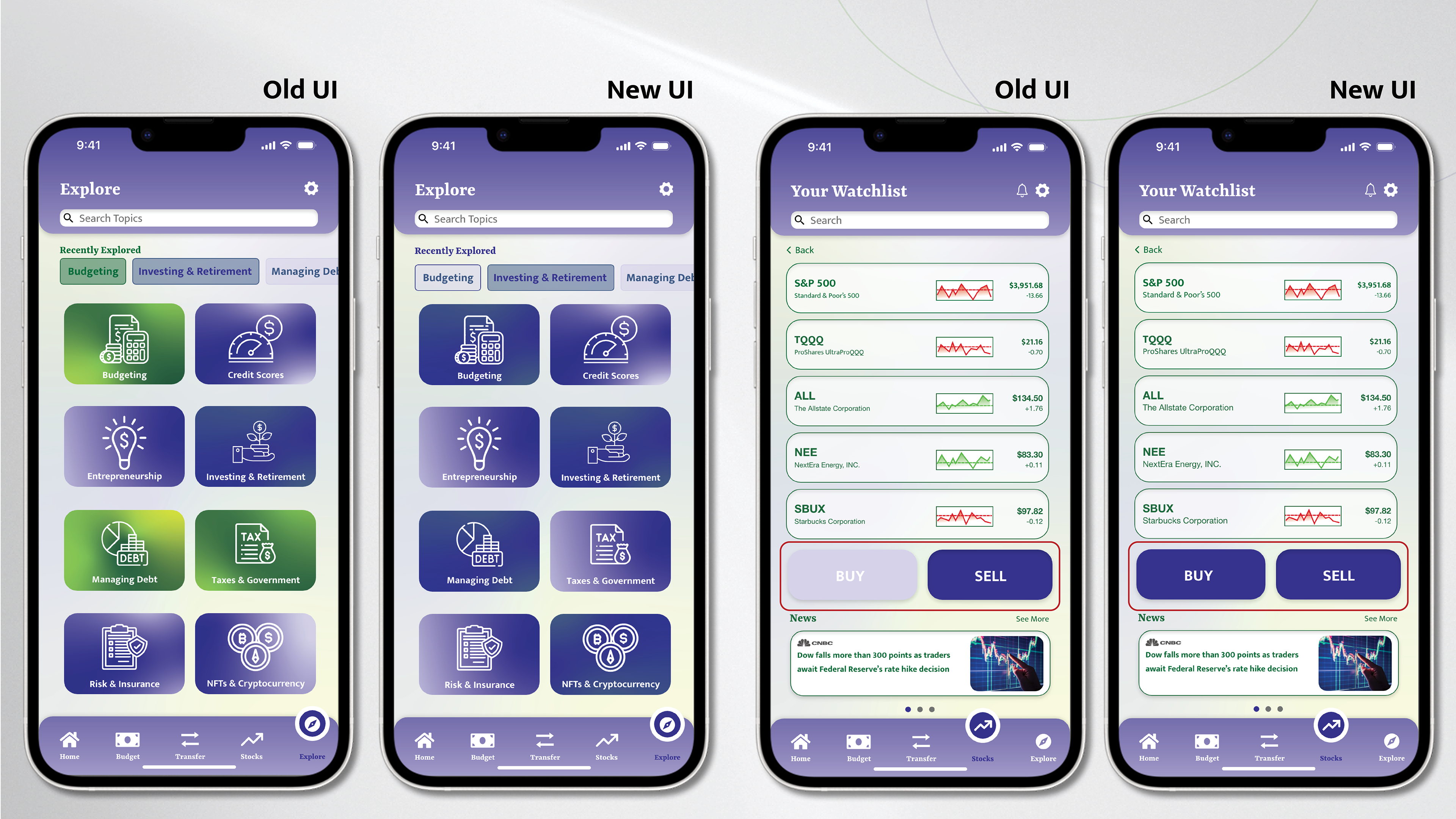 A side-by-side comparison of four screens of old and new interface designs for the Explore and Watchlist screens. The background color is standardized for all tile-style buttons.