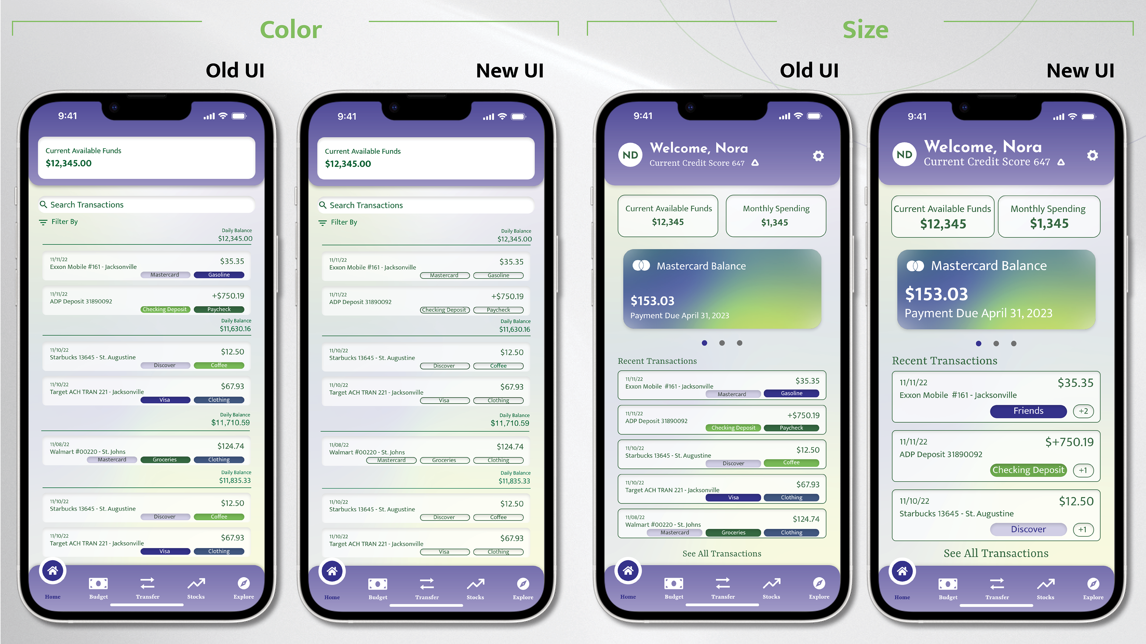 Two old and two new interfaces of a mobile app are compared next to each other focusing on color and font size. Colors are removed from the new interface and the size of the transaction tags is larger.