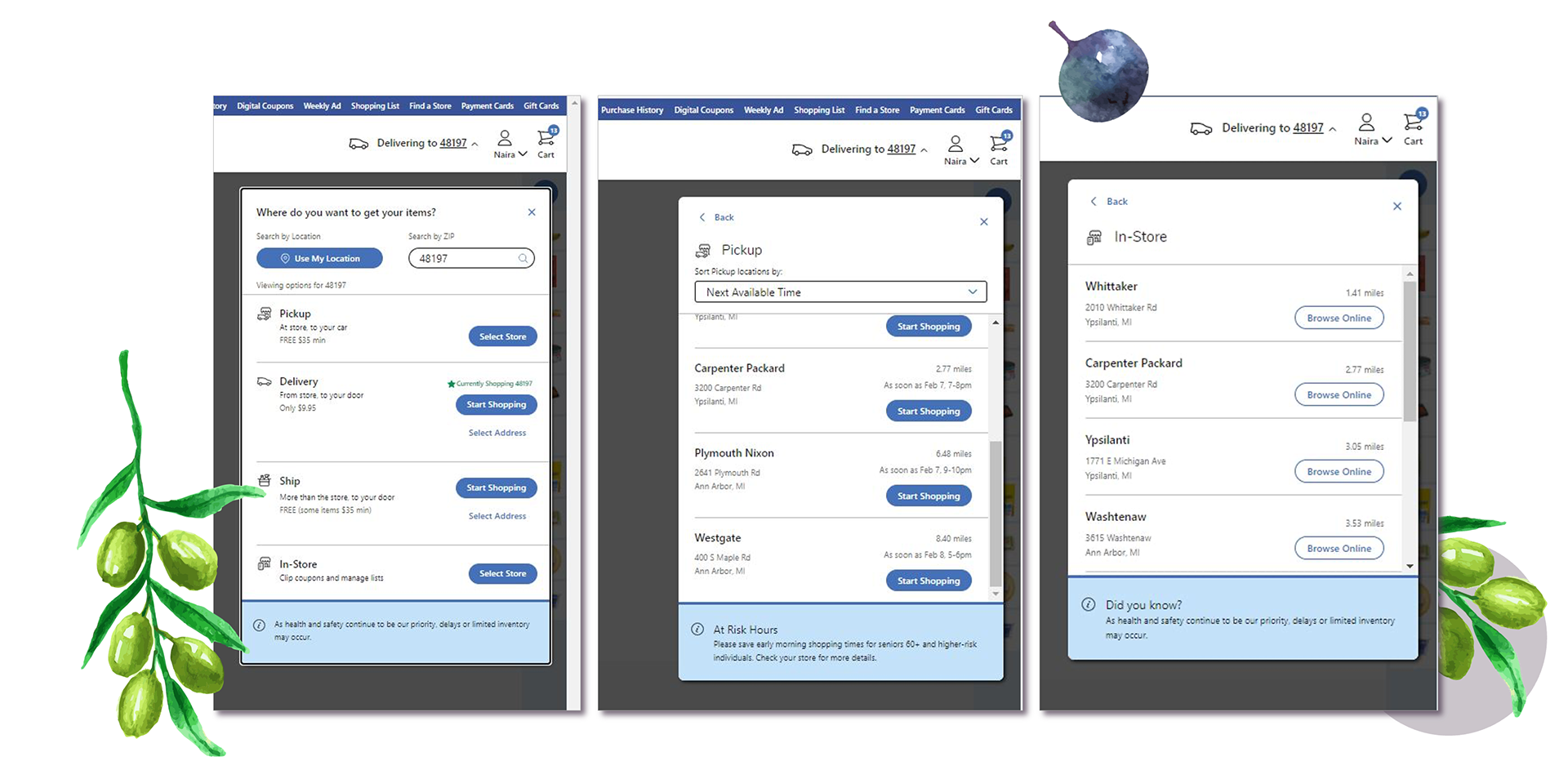 Three screens: Screen 1 prompts the user to select a shopping mode from the list; Screen 2 prompts the user to select a pickup address from the list of shops; Screen 3 prompts the user to select a store from the list for online browsing.