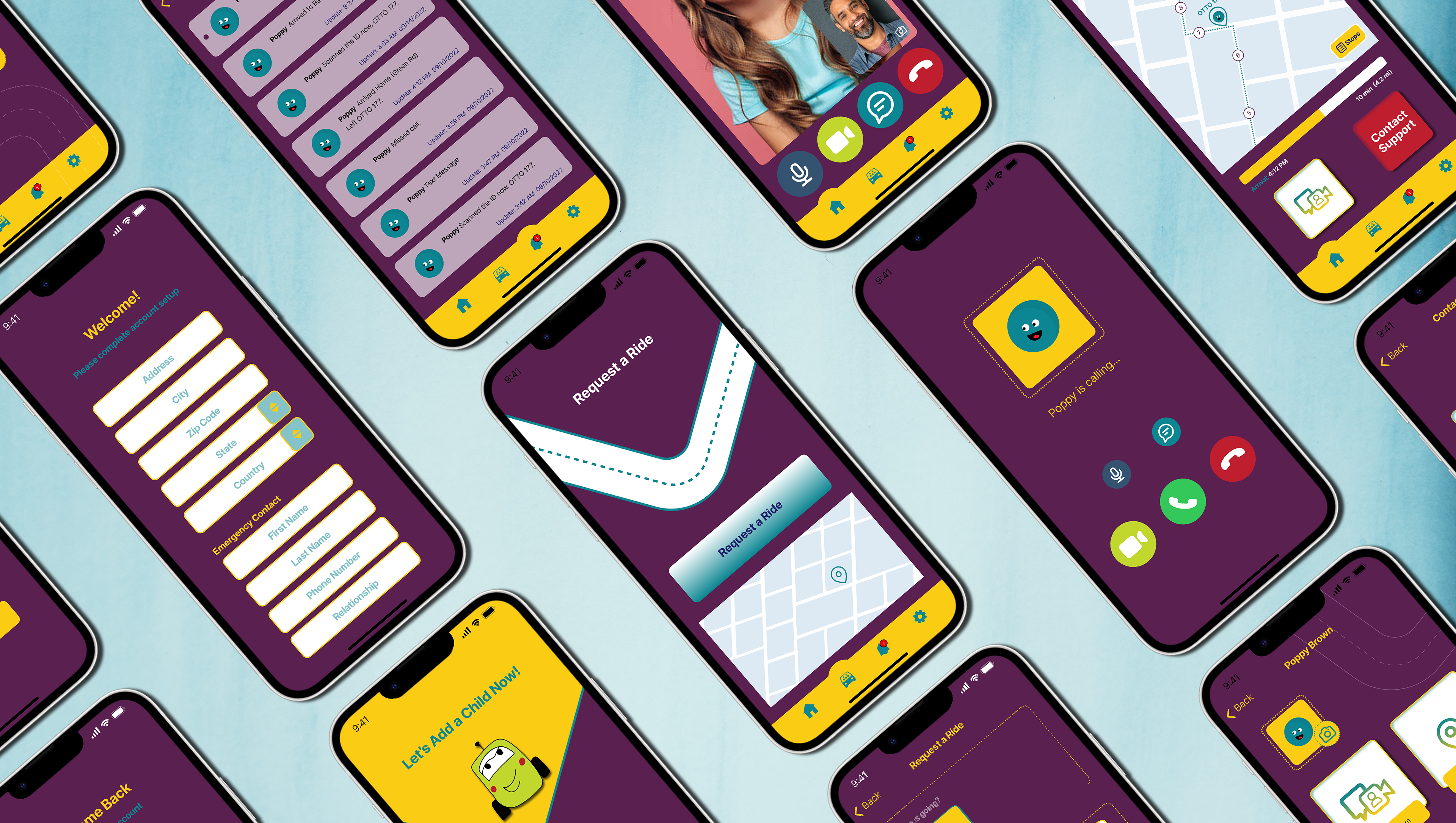Mobile application interface screens arranged diagonally on a light blue background.