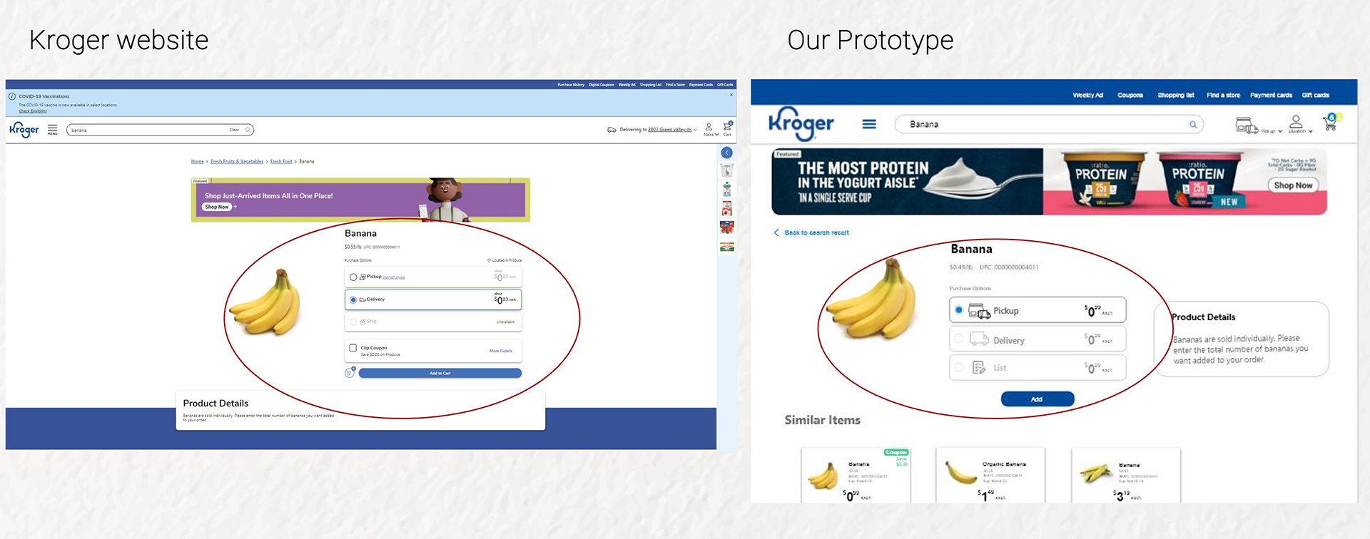 A comparison between the current Kroger website interface and a proposed prototype for purchasing bananas. Both interfaces feature a banana image and product details. The prototype organizes Pickup, Delivery, and List options clearly and in a more streamlined design.