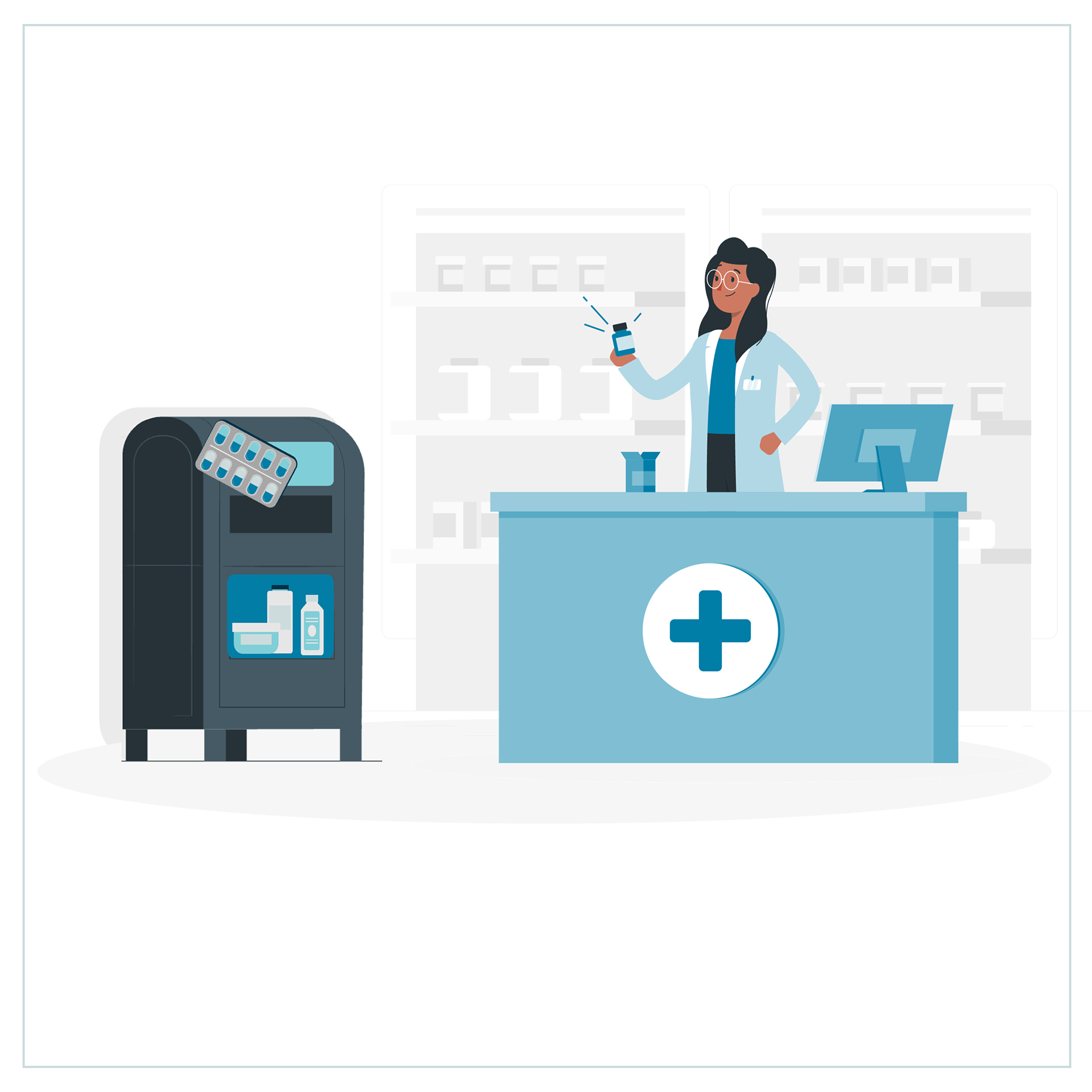 Illustration of a pharmacist in a lab coat standing behind a counter with a cross symbol, holding a medicine bottle. To the left, there is a medicine disposal bin with various containers and packs of pills.