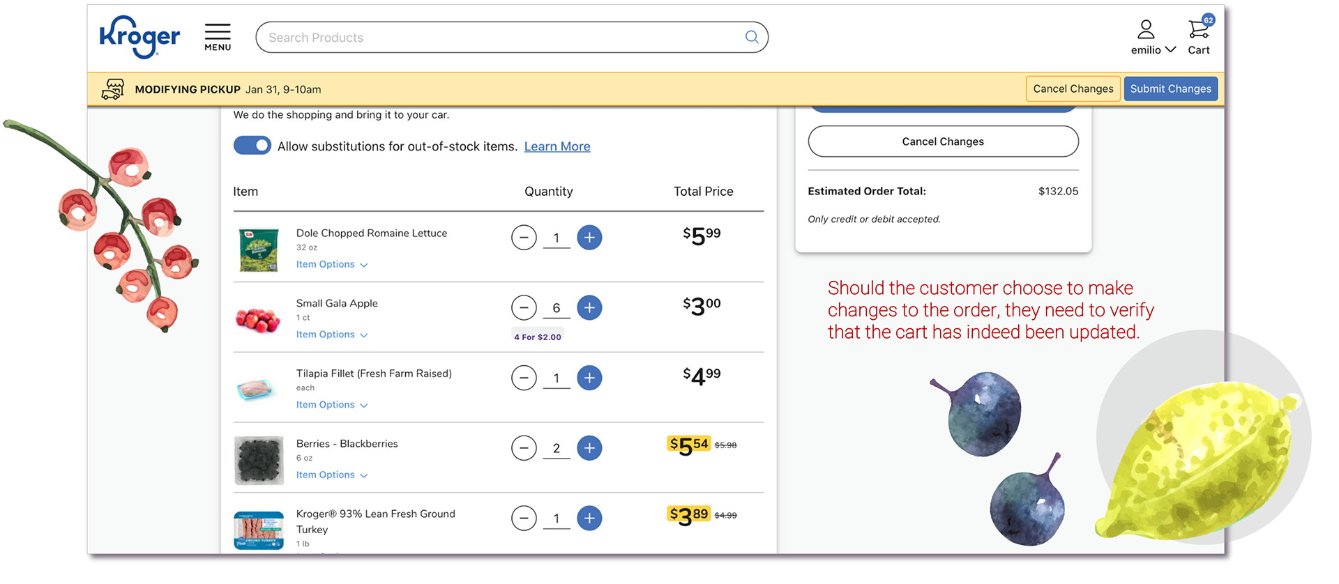 Image of the Kroger website checkout cart that has five grocery items. The columns next to the items display the item quantity and total price. Changes made to the cart are not visually communicated.