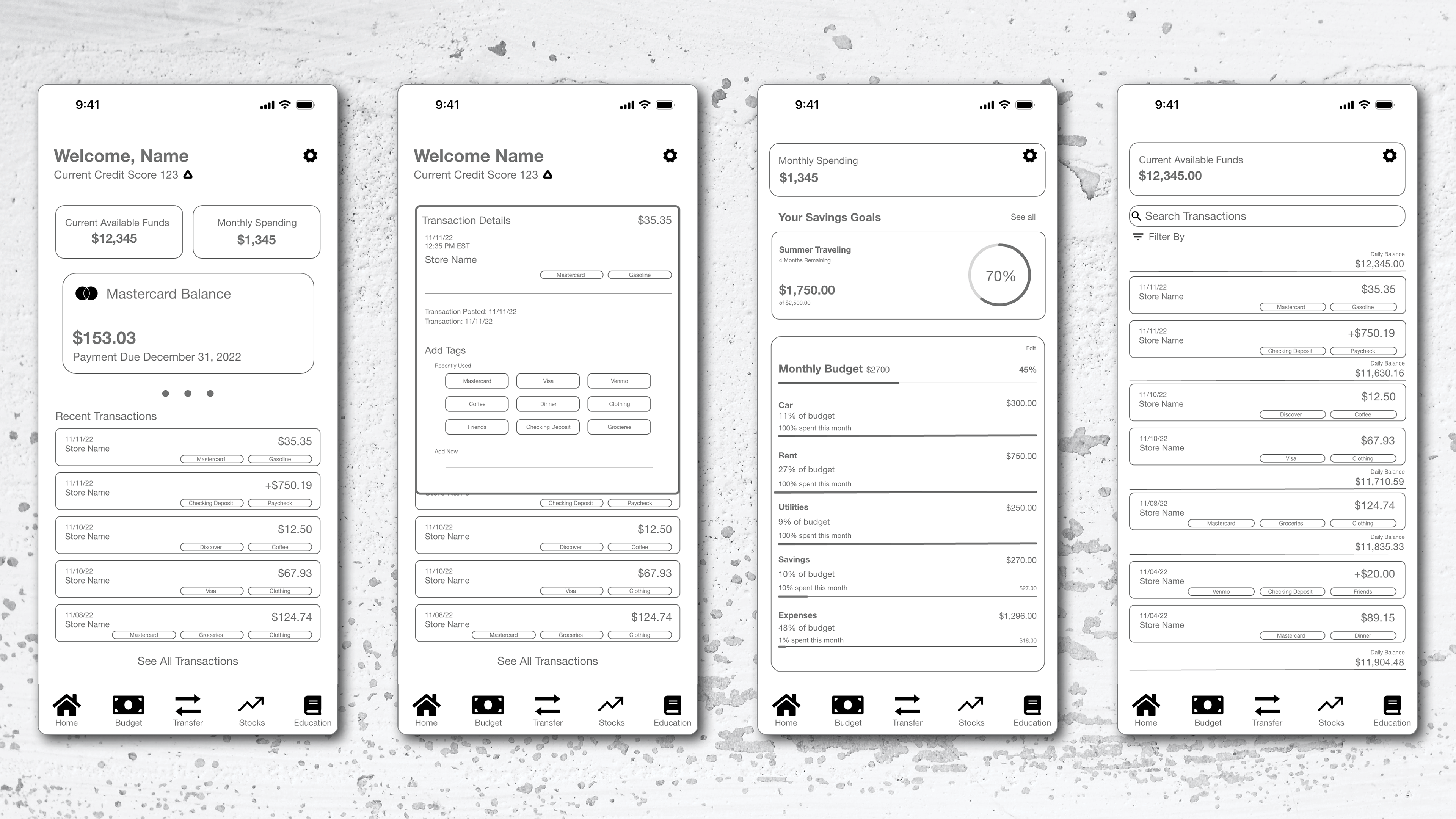 Wireframes of a financial app displaying four different mobile screens. The first dashboard shows current credit scores, available funds, and recent transactions. The second screen displays transaction details. The third screen highlights savings goals and a monthly budget breakdown by category. The fourth screen focuses on the transaction history with a search bar, allowing users to scroll and view further details.