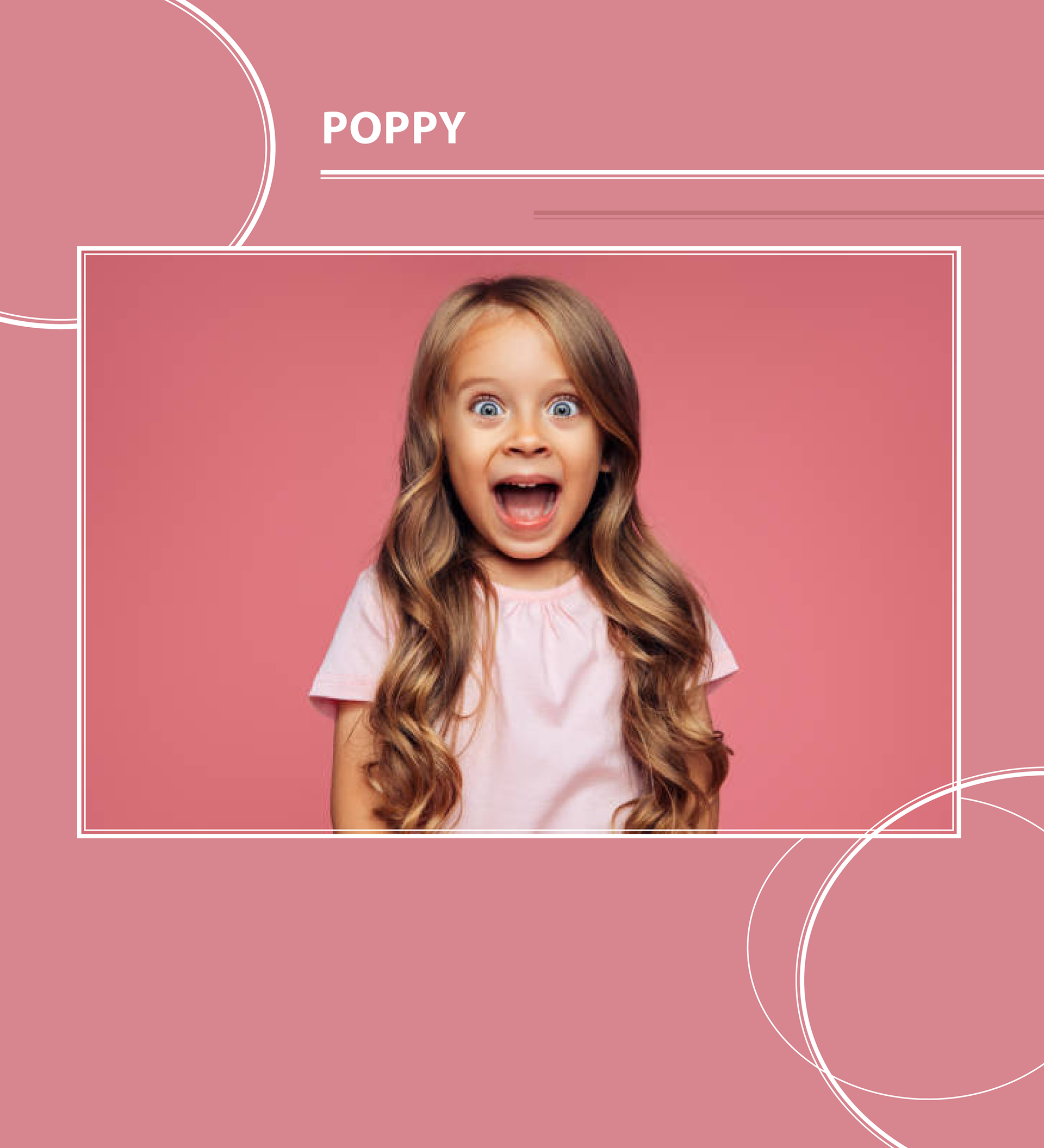 A young girl with long, wavy brown hair, wearing a light pink shirt, stands against a pink background. She has an excited expression with her mouth open as if she is surprised or delighted.