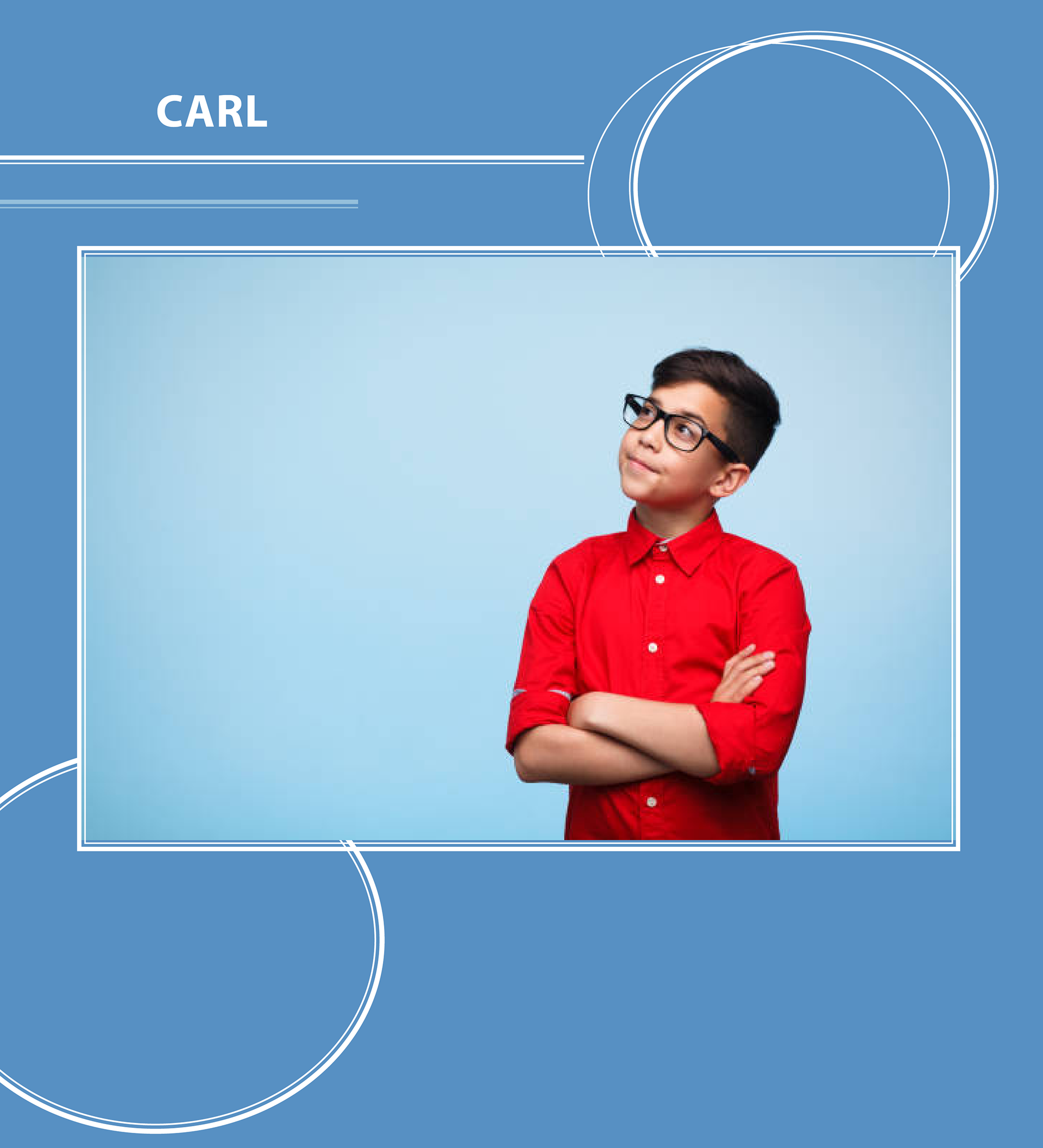 A young boy, wearing a red button-up shirt and glasses, stands with his arms crossed and a thoughtful expression on his face. He is looking up slightly to the side.