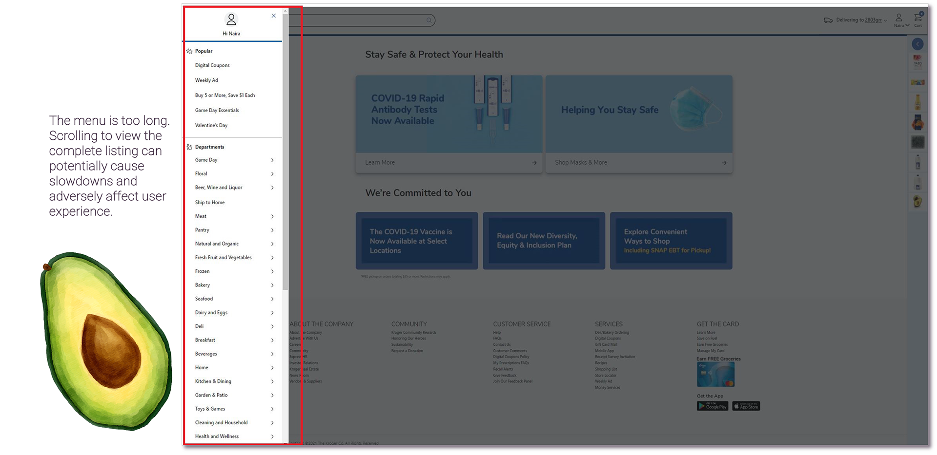 Cluttered hamburger menu on the Kroger website