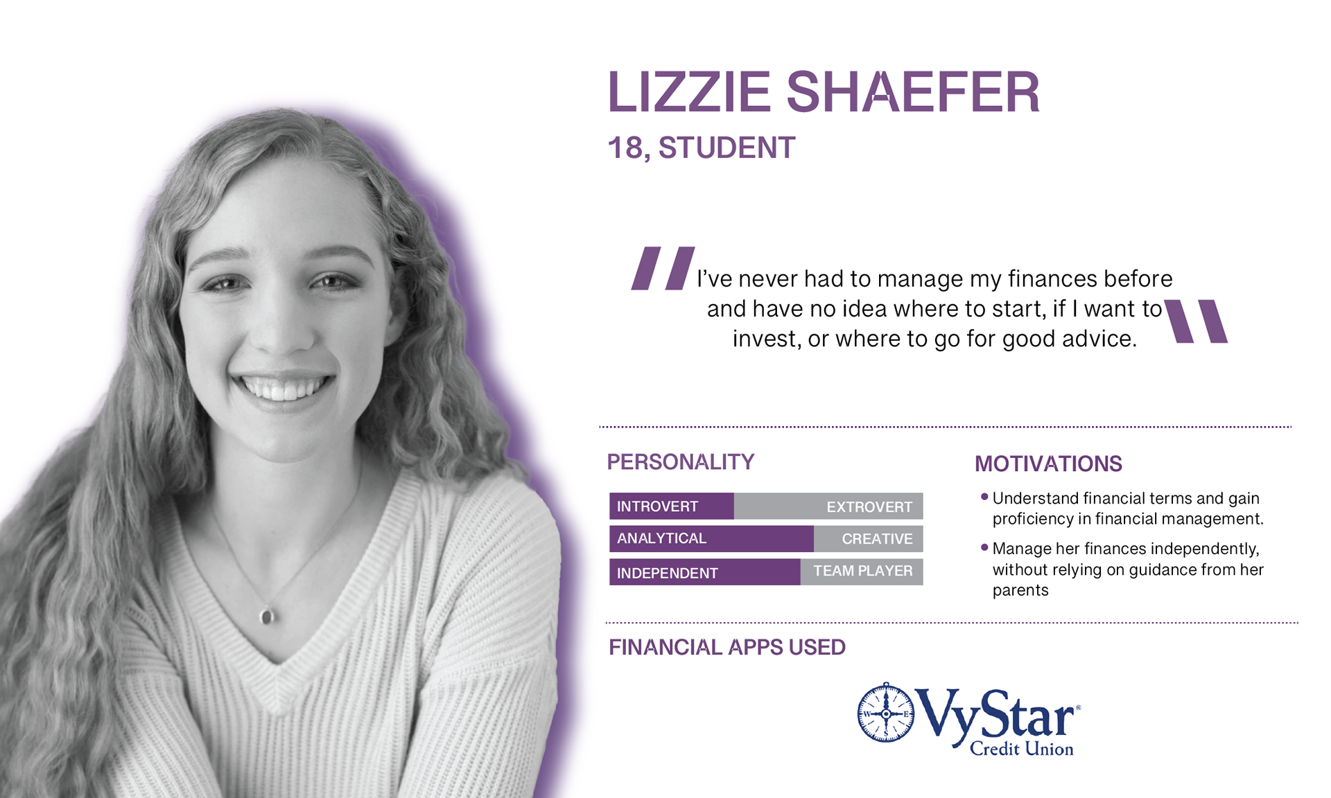 A picture of a young Caucasian woman. The picture contains text that describes her personality characteristics and motivations.