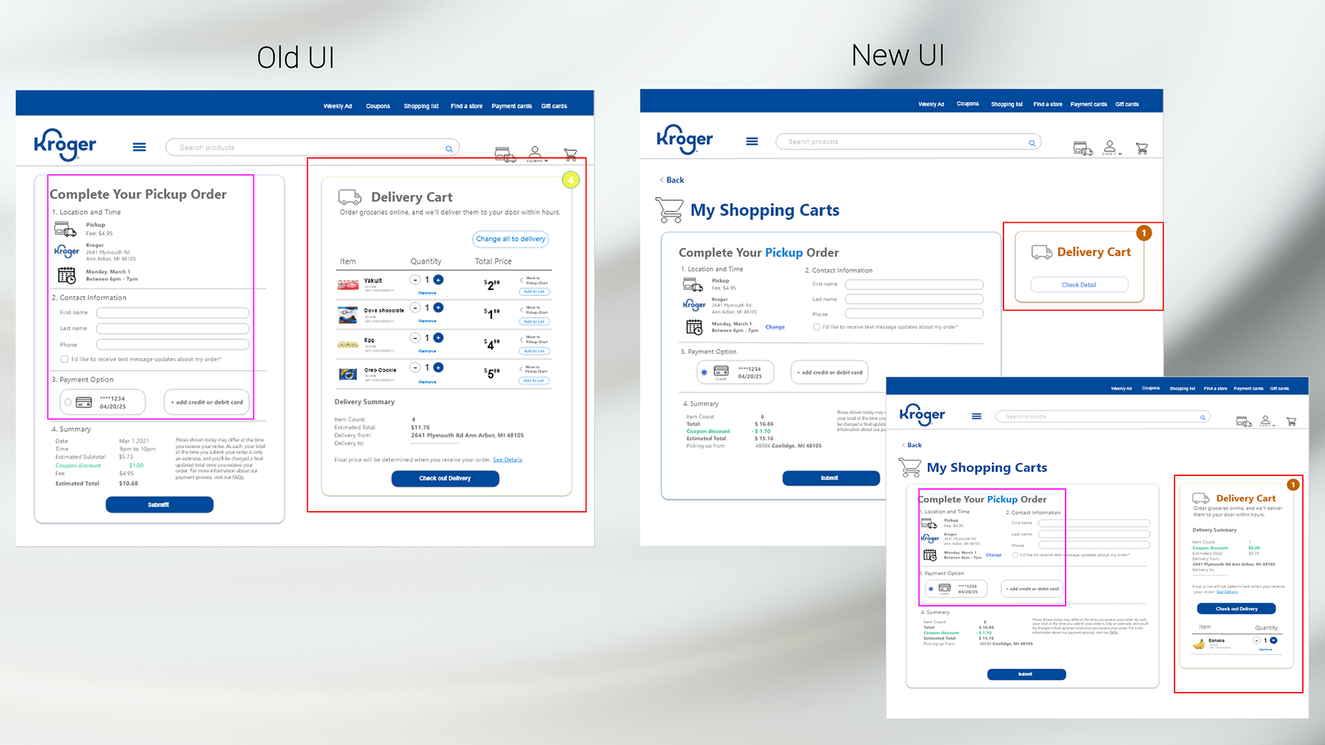 Two versions of checkout pages. The old interface (left) displays the Pickup Order and Delivery Cart side by side. In contrast, the new interface highlights the active shopping cart, with an option to view the Delivery cart as well.