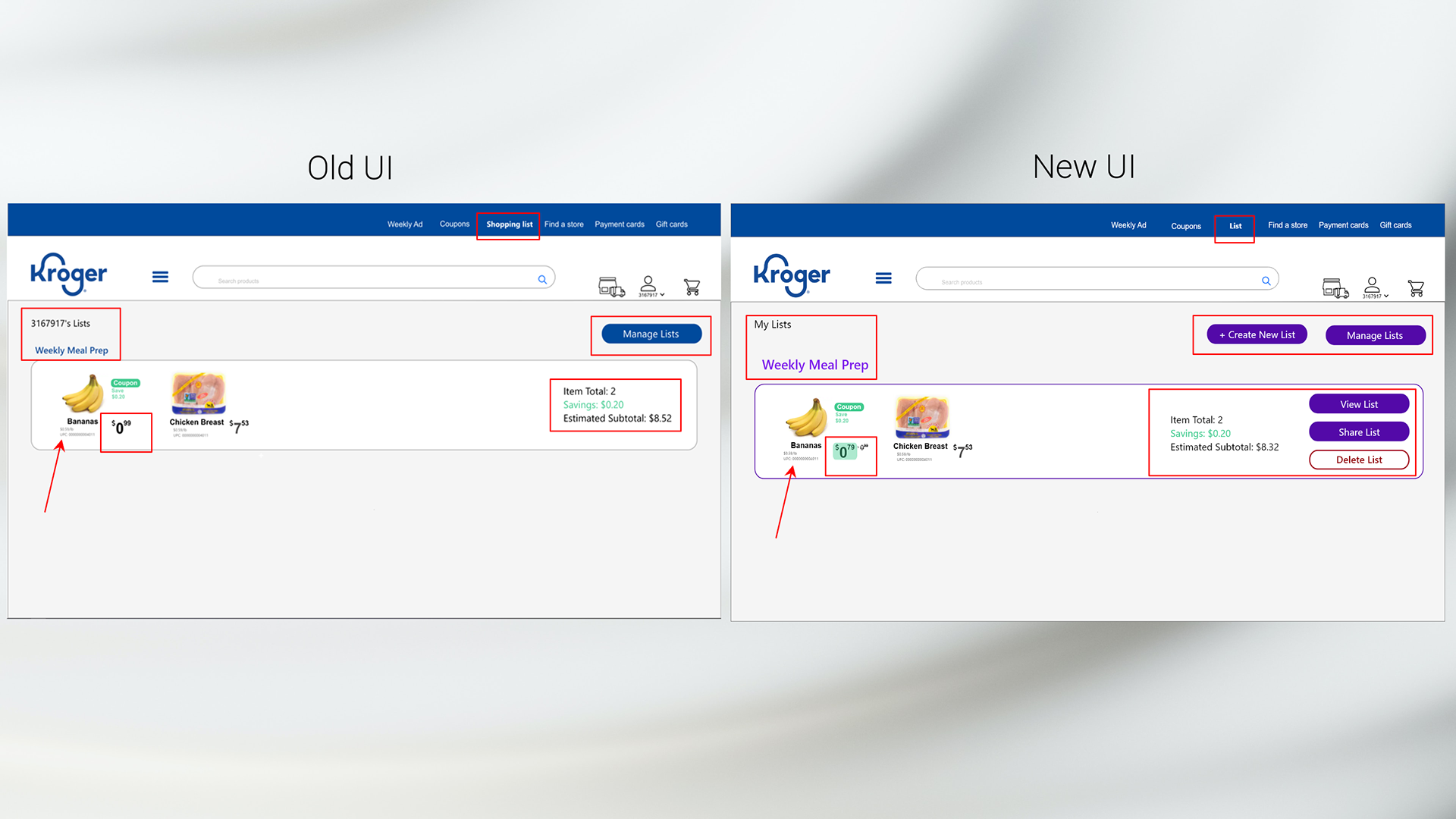 Old and new interfaces for the shopping list feature. The new interface has additional functionality displayed on the page so the users can quickly complete frequent tasks, such as creating a new list or sharing the list with a friend or family.
