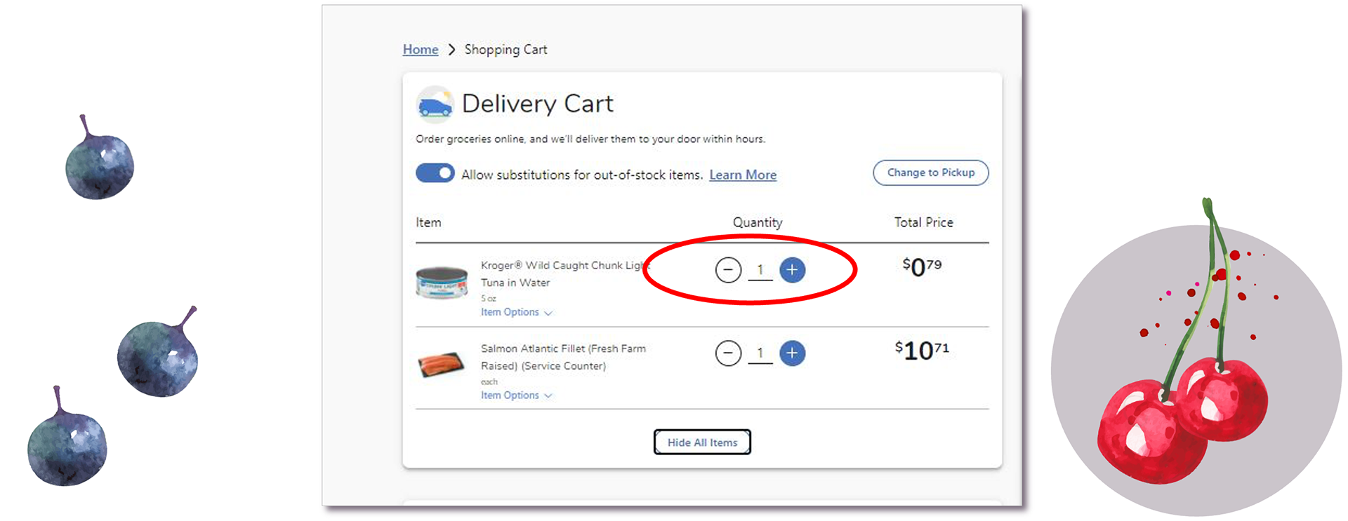 Delivery cart containing a can of tuna and a package of salmon fillet. The second column shows item quantities that can be changed with small minus and plus buttons.