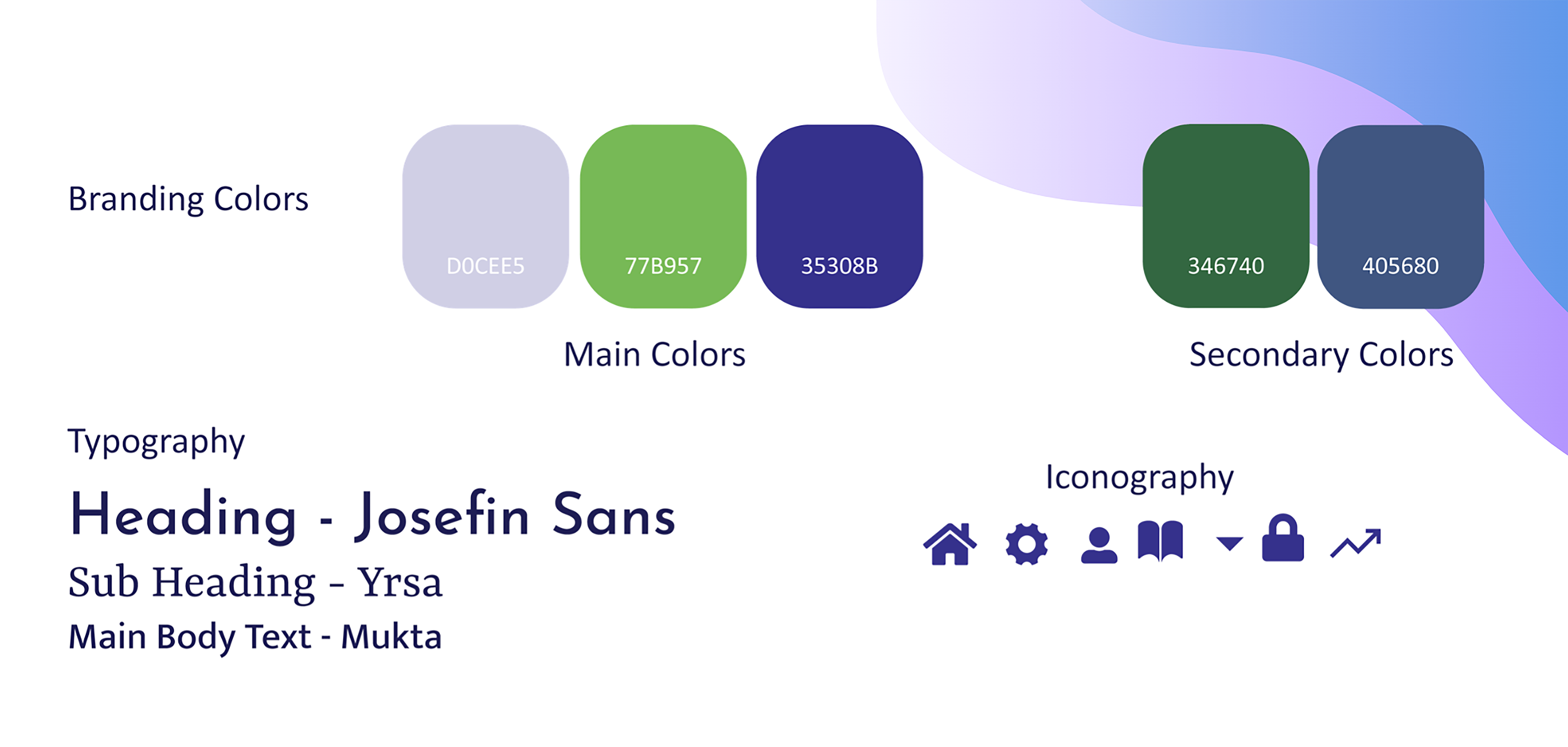 Image of branding colors, typography, and iconography. The main branding colors include light lavender, green, and dark blue. The secondary colors are dark green and navy blue. The iconography section features six icons, including a house (home), gear (settings), user (profile), book (resources), lock (security), and an upward trend arrow (analytics).