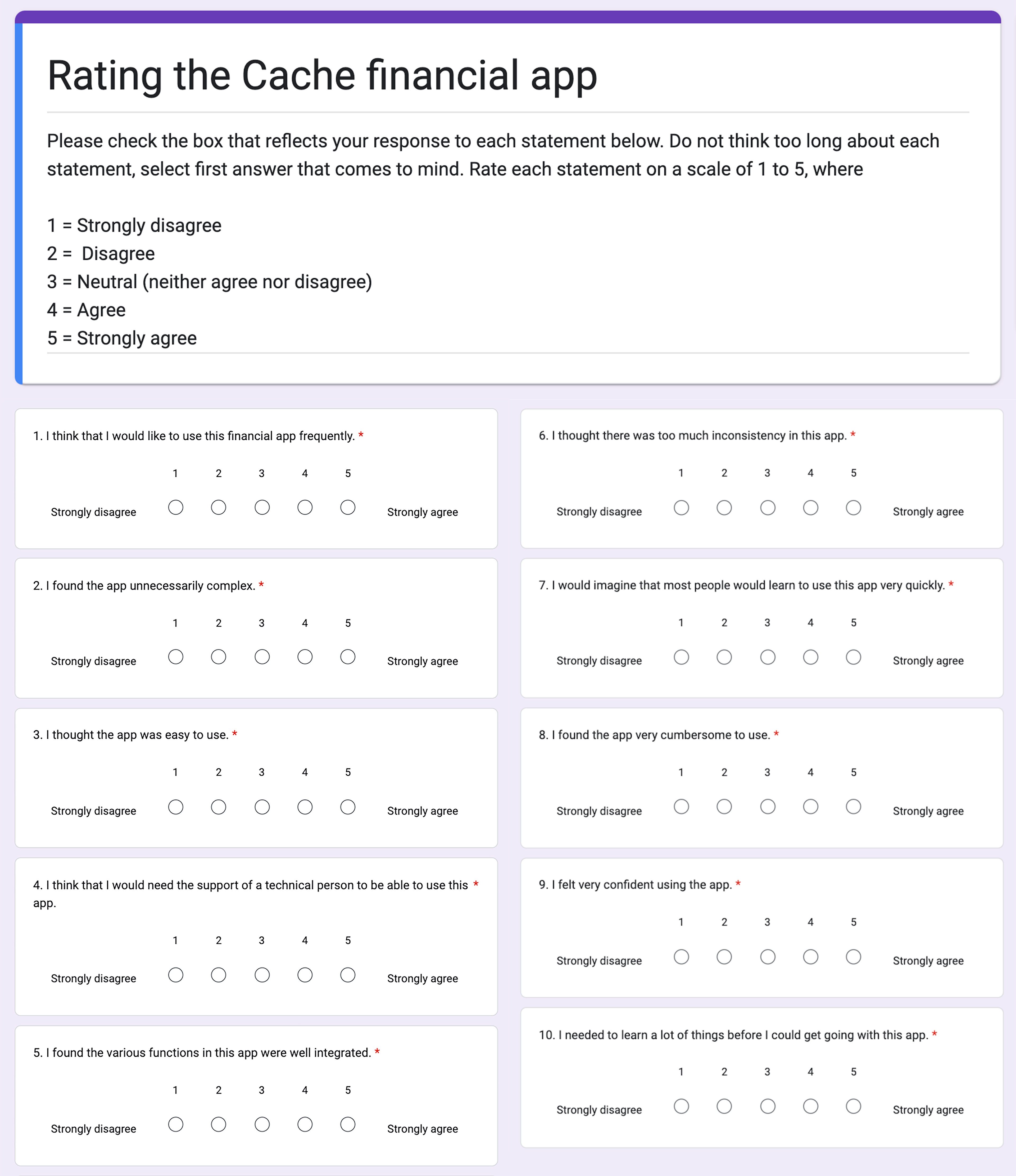 Screenshot of the app survey. The survey asks users to rate their agreement with 10 statements on a scale from 1 (Strongly disagree) to 5 (Strongly agree). The statements cover aspects like frequency of use, ease of use, confidence in using the app, and the amount of learning required before using the app.