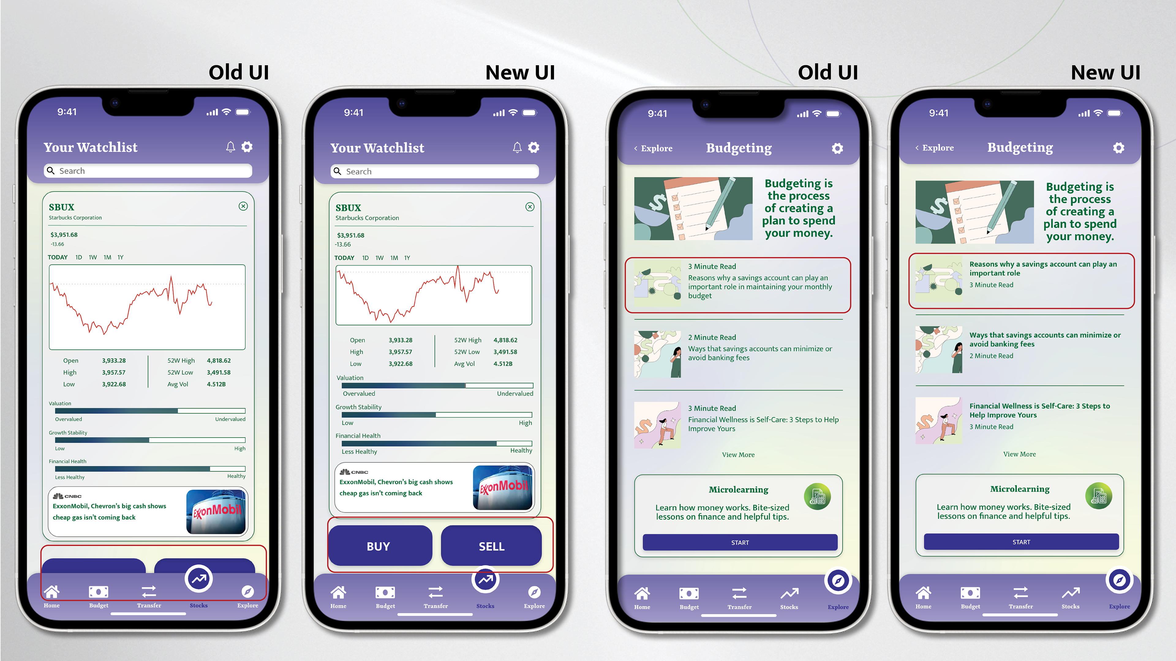 A side-by-side comparison of four screens of old and new interface designs for the Watchlist and Budgeting screens.