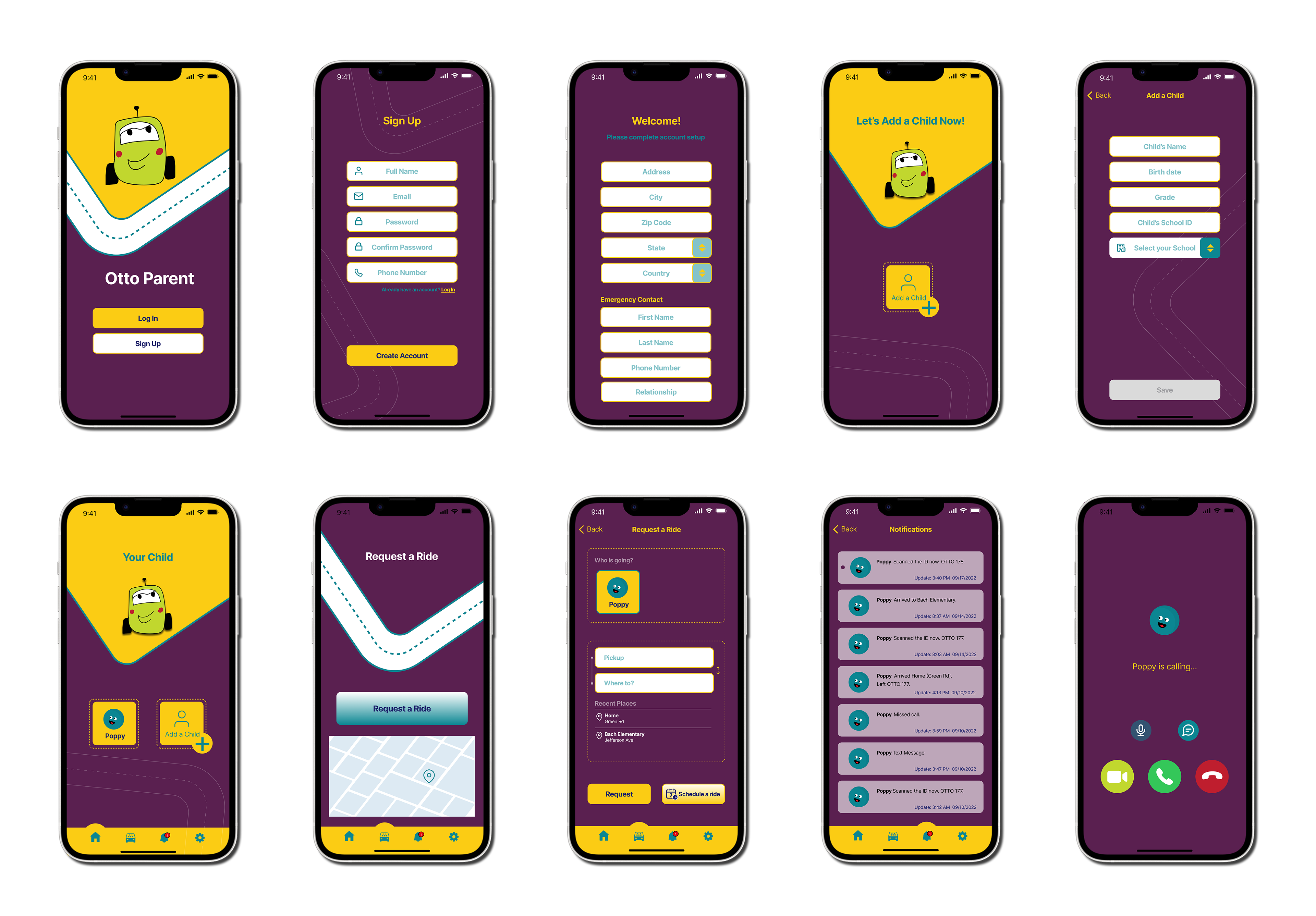 High-fidelity prototype featuring login, signup, child profile setup, ride requests, notifications, and call screens.