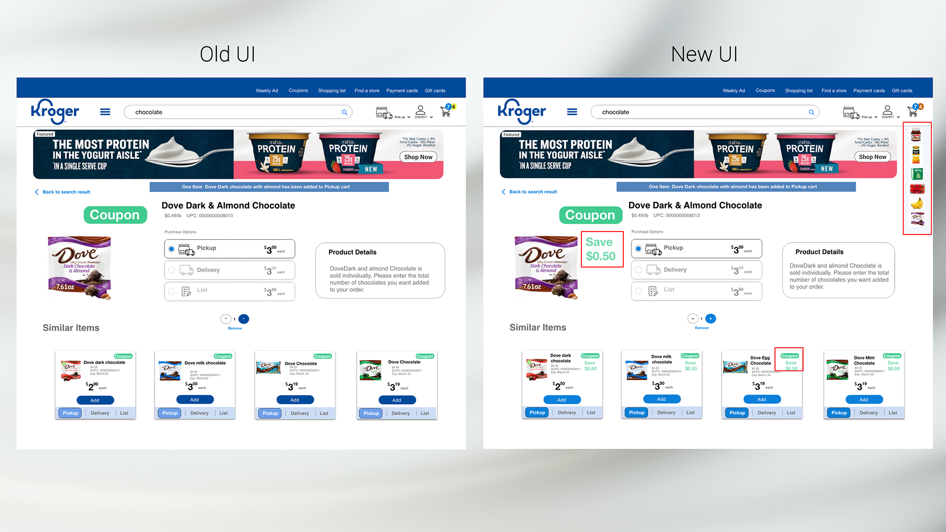 The old and new prototype screens are shown side by side. The new interface highlights the coupon savings amount for the customer.