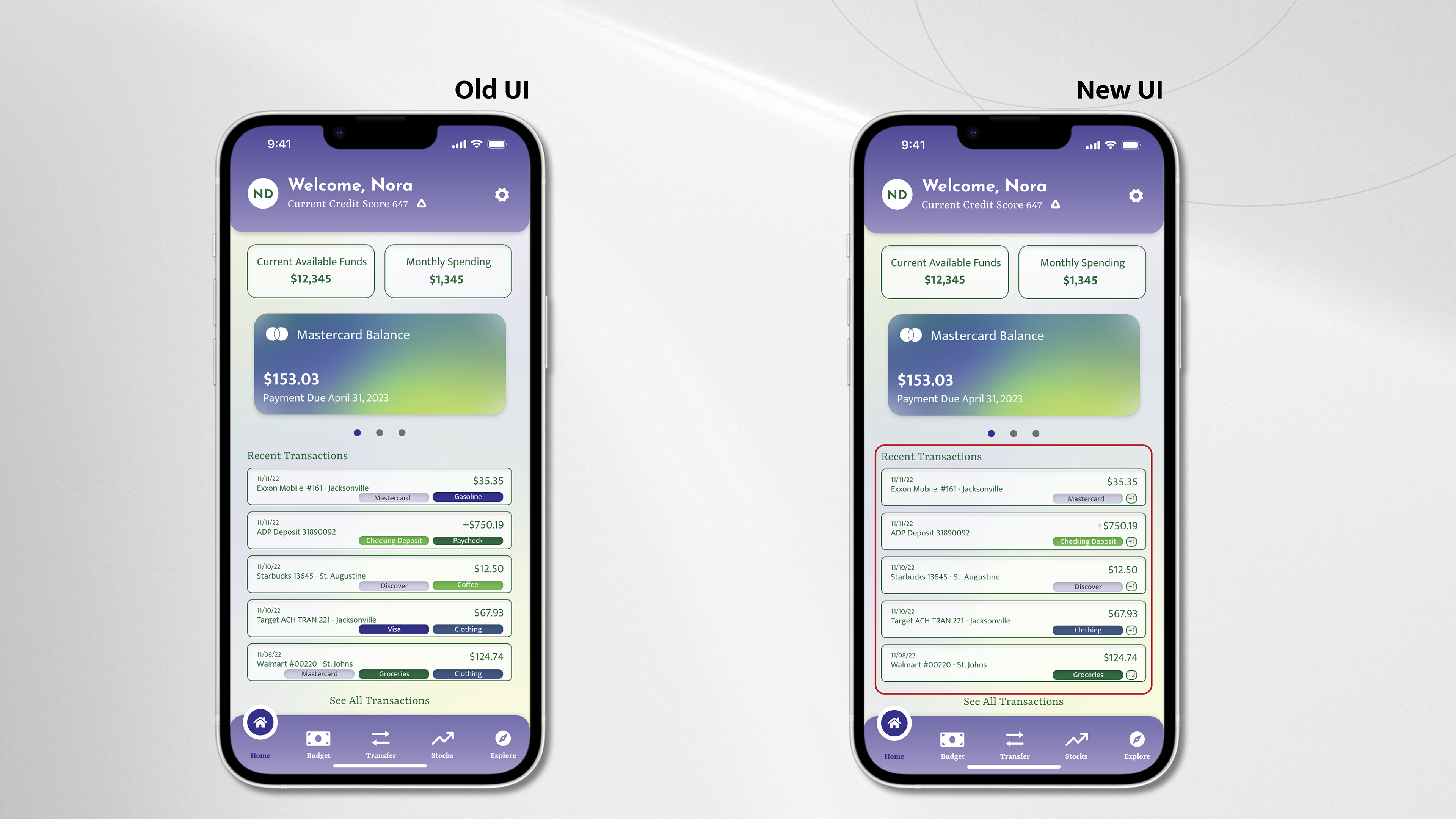 Old and new UIs for a financial app. The new UI features cleaner transaction listings with improved spacing and labels, highlighted by a red frame.
