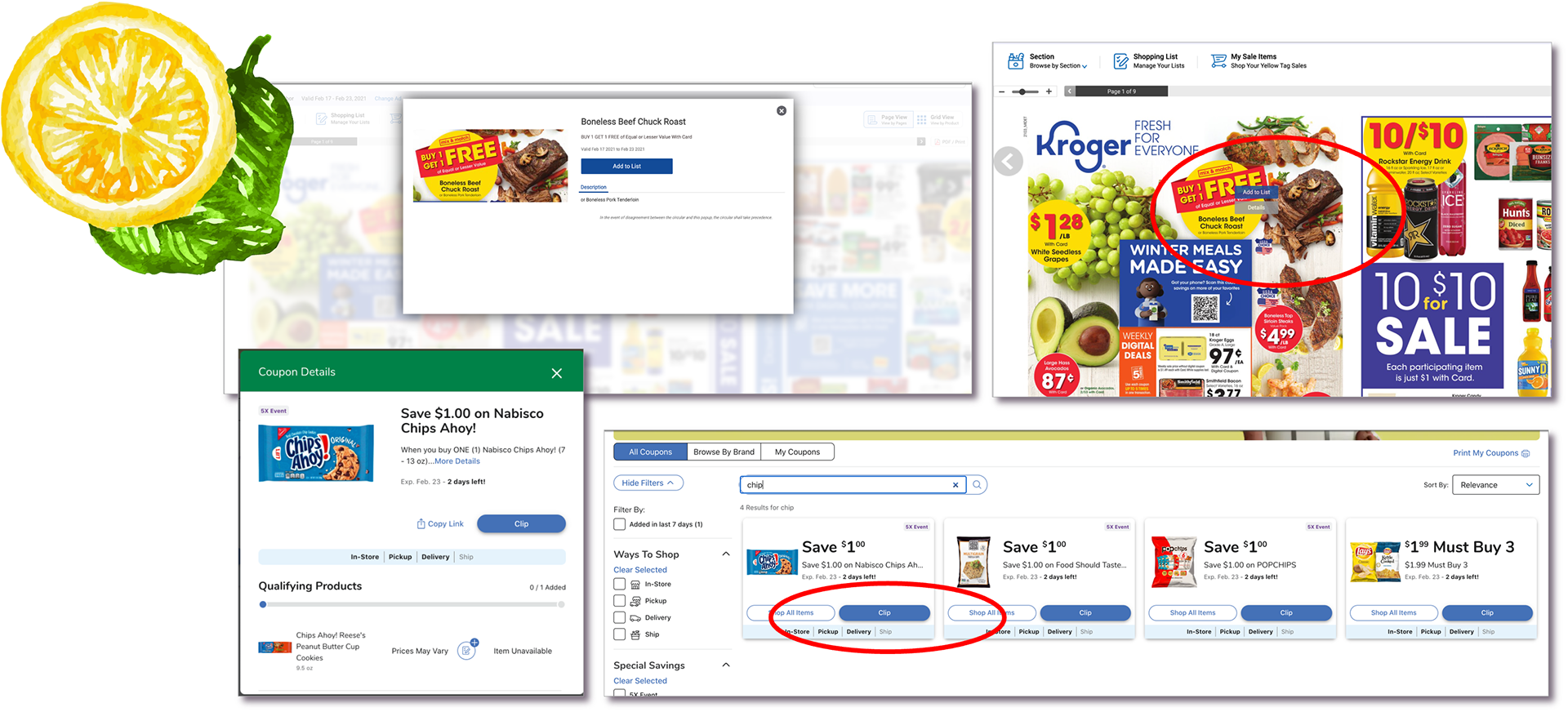 Collage of various coupon page screens