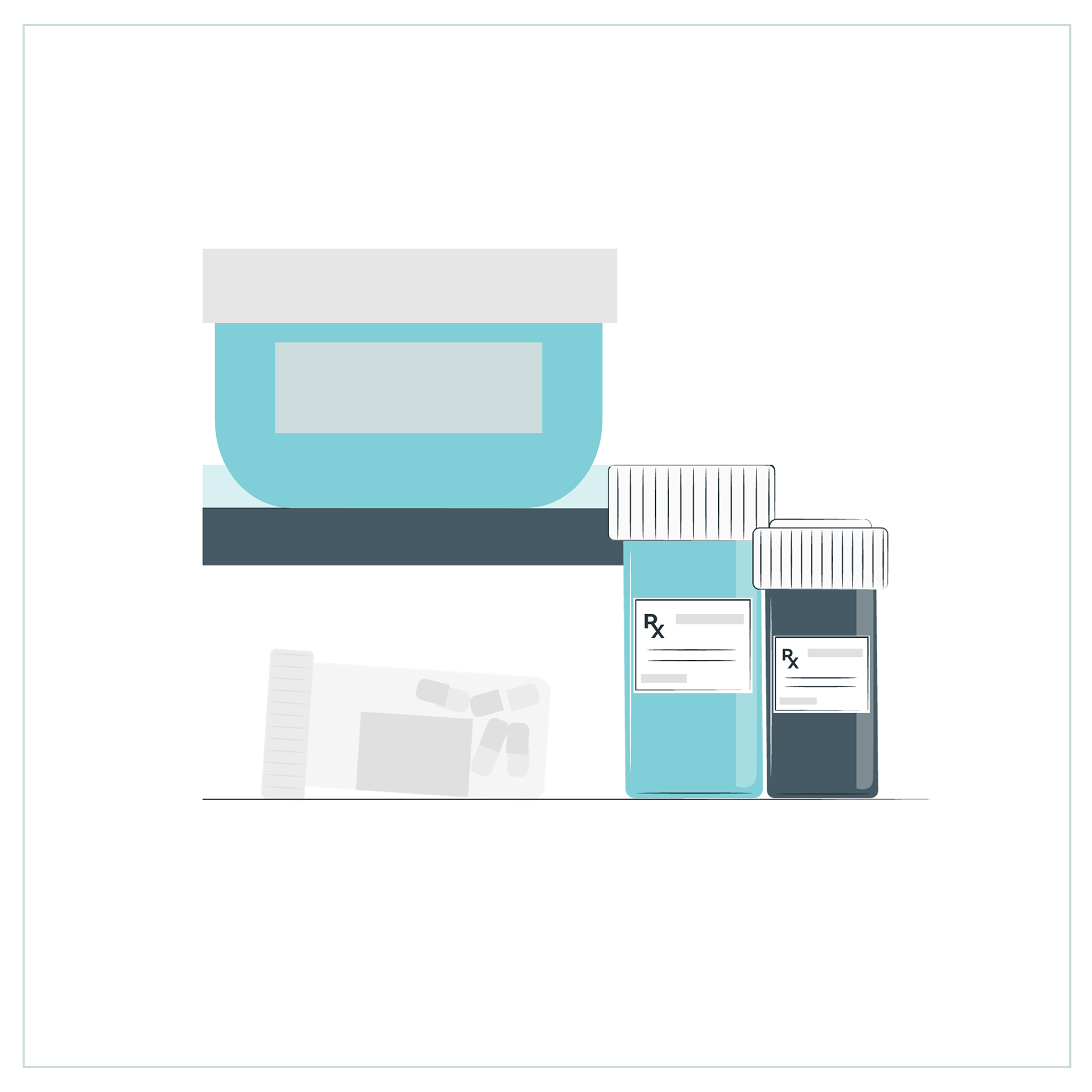 Illustration of four medicine containers on a shelf. Two of them have Rx labels.