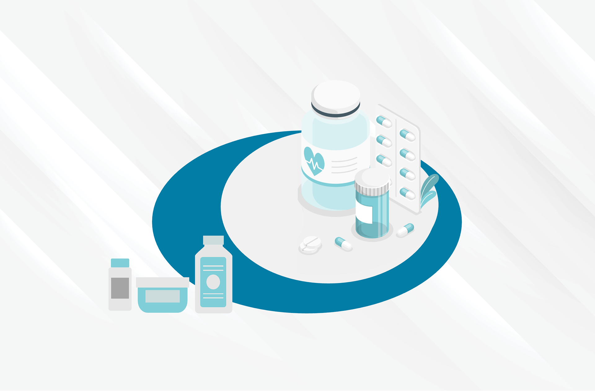 Illustration of medicine bottles and pills arranged on a white and blue background.