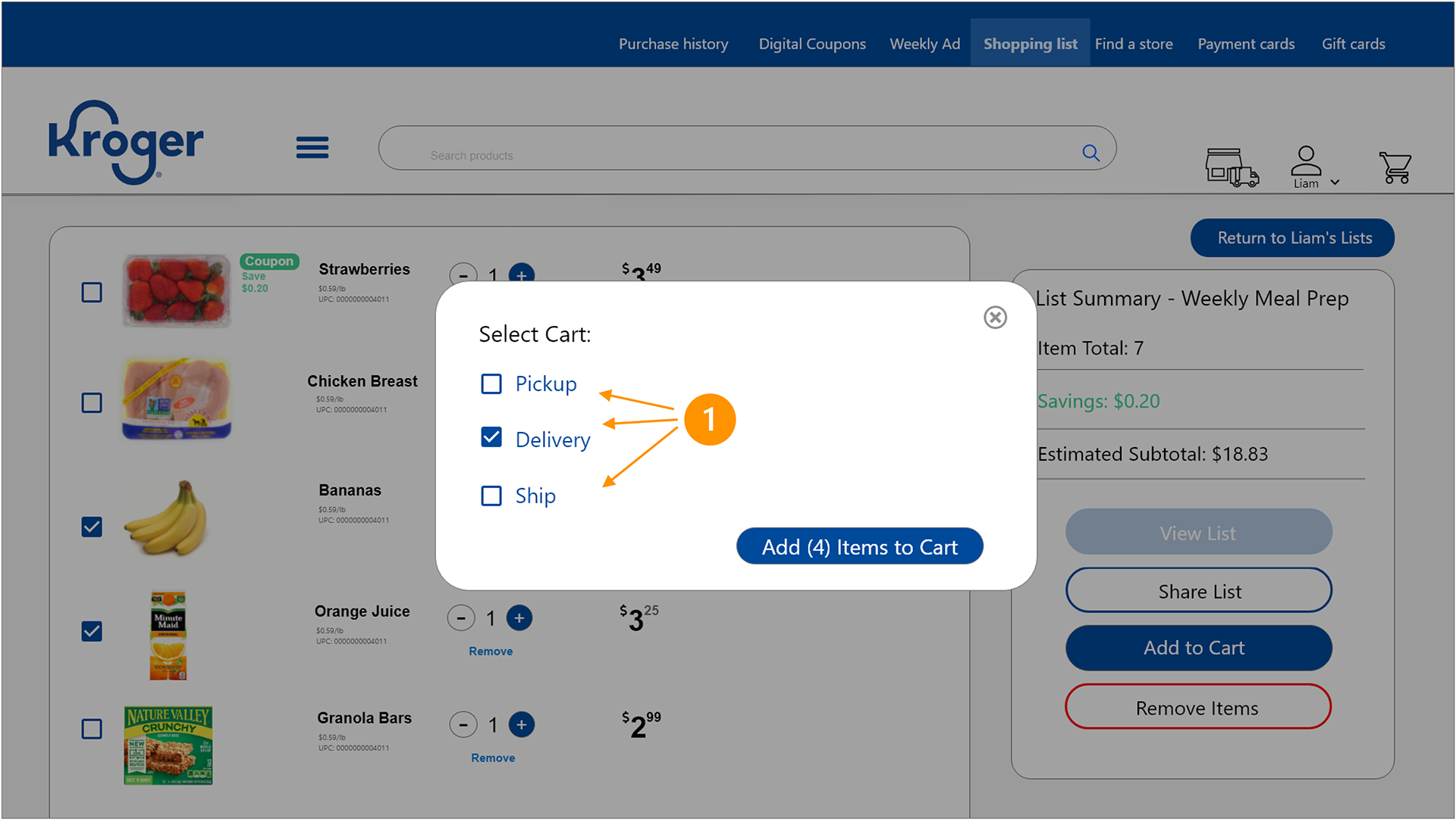 Kroger webpage mockup showing a pop-up to select the cart type: Pickup, Delivery, or Ship. The background displays a list of selected grocery items.