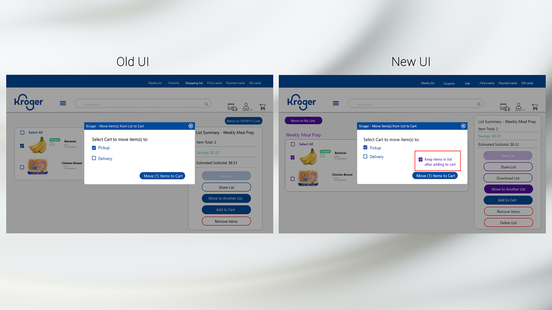 Old and new interfaces for the shopping list feature. The interface shows a pop-up window to move items to a shopping cart. The new interface has an additional checkbox that allows the user to keep the items in the list for future shopping tips.